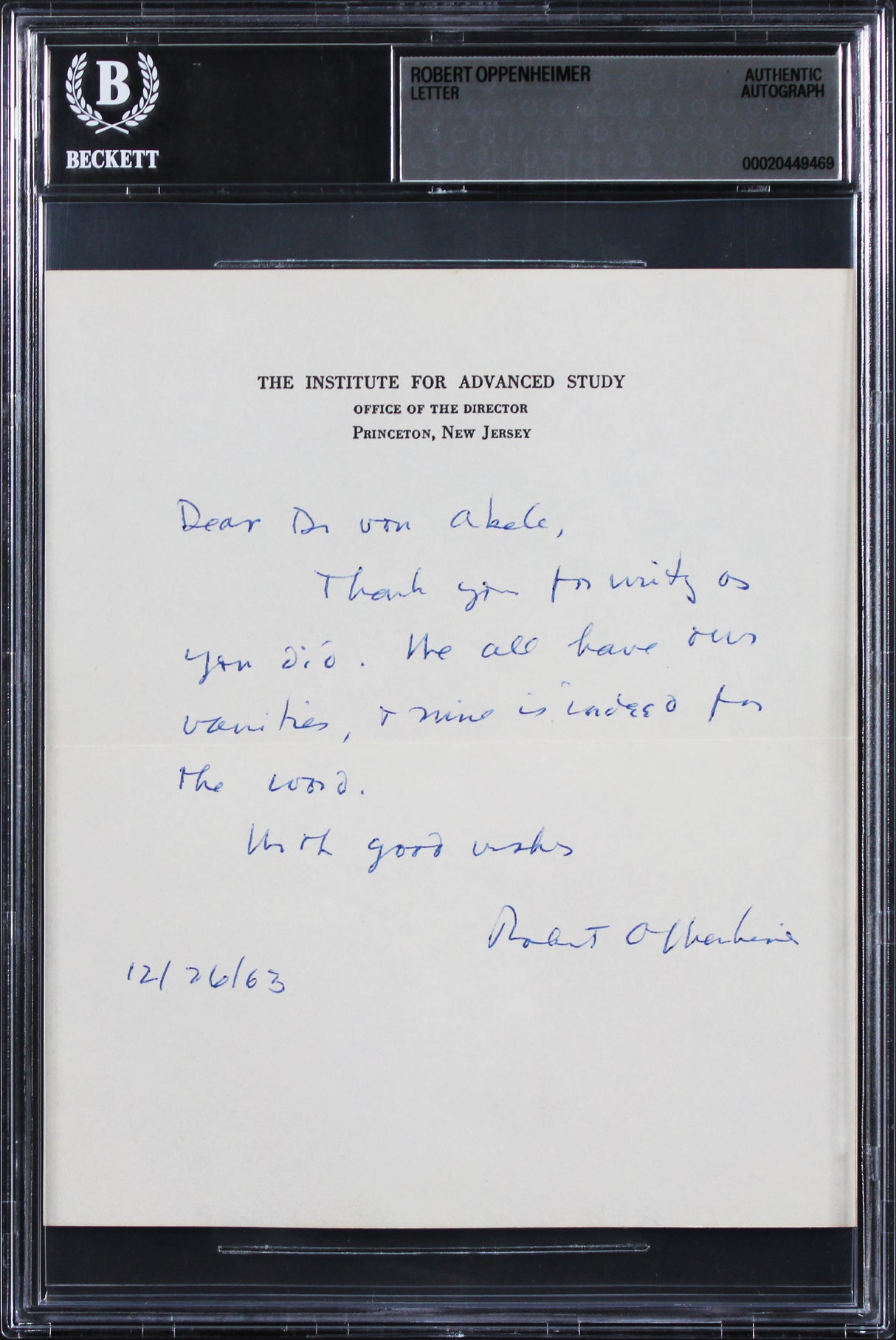 Robert Oppenheimer Signed 5.5x6.5 12/26/1963 Handwritten Letter BAS Slabbed