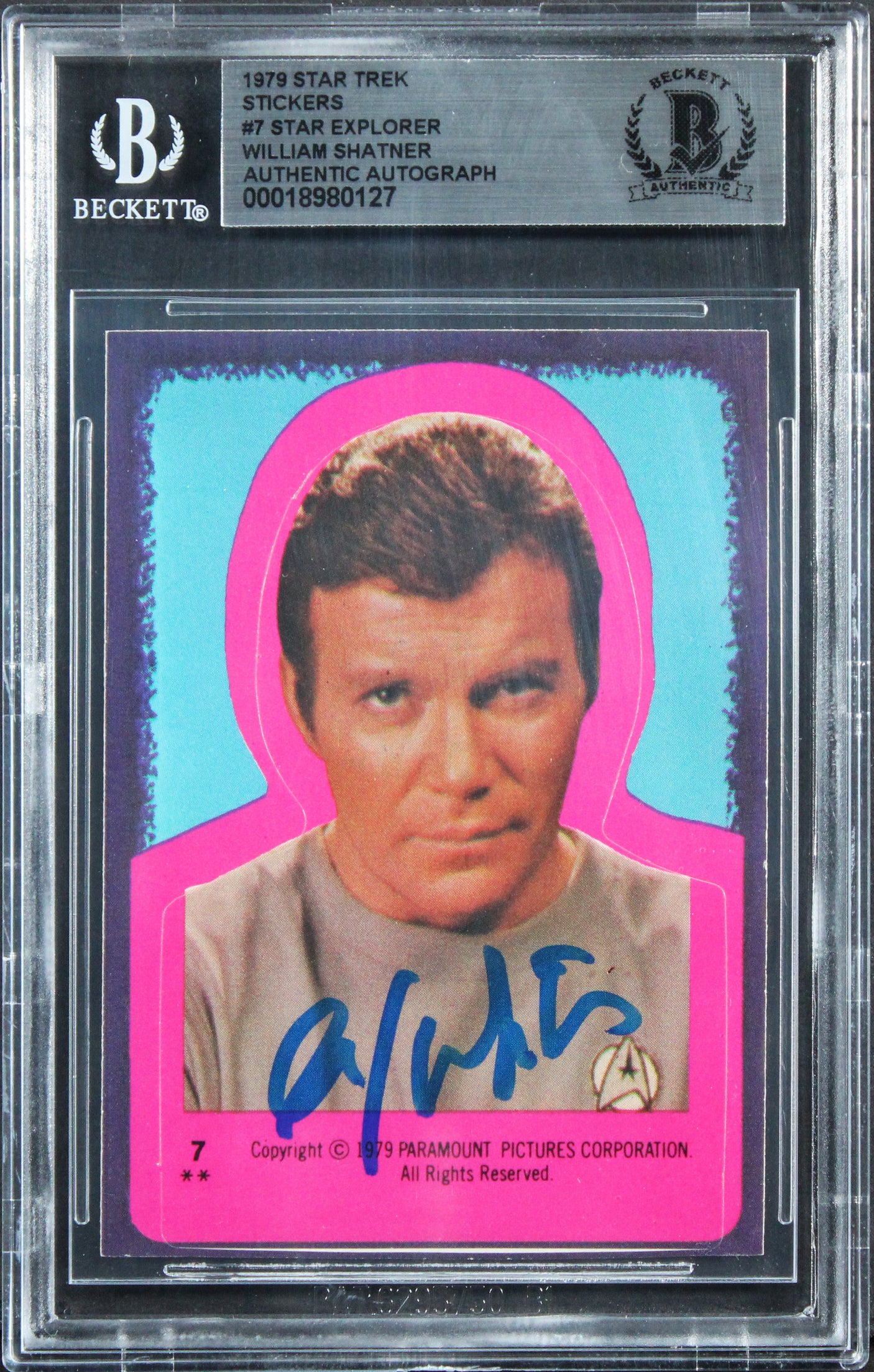 William Shatner Signed 1979 Star Trek Stickers #7 Star Explorer Card BAS Slabbed