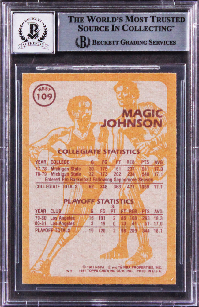 Lakers Magic Johnson Signed 1981 Topps #W109 SA Card Auto 10! BAS Slabbed 3