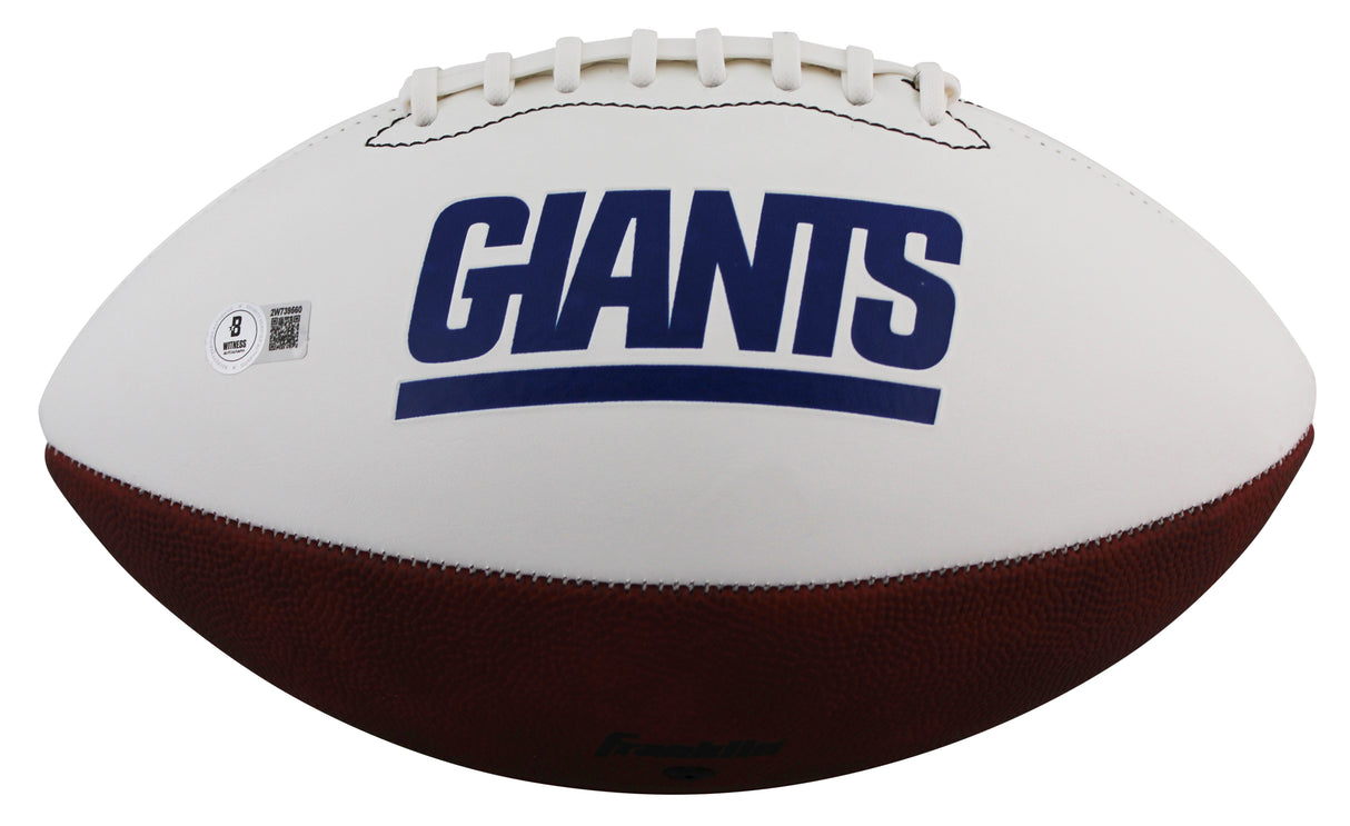 Giants Michael Strahan Signed Rawlings White Panel Football W/ Case BAS Witness