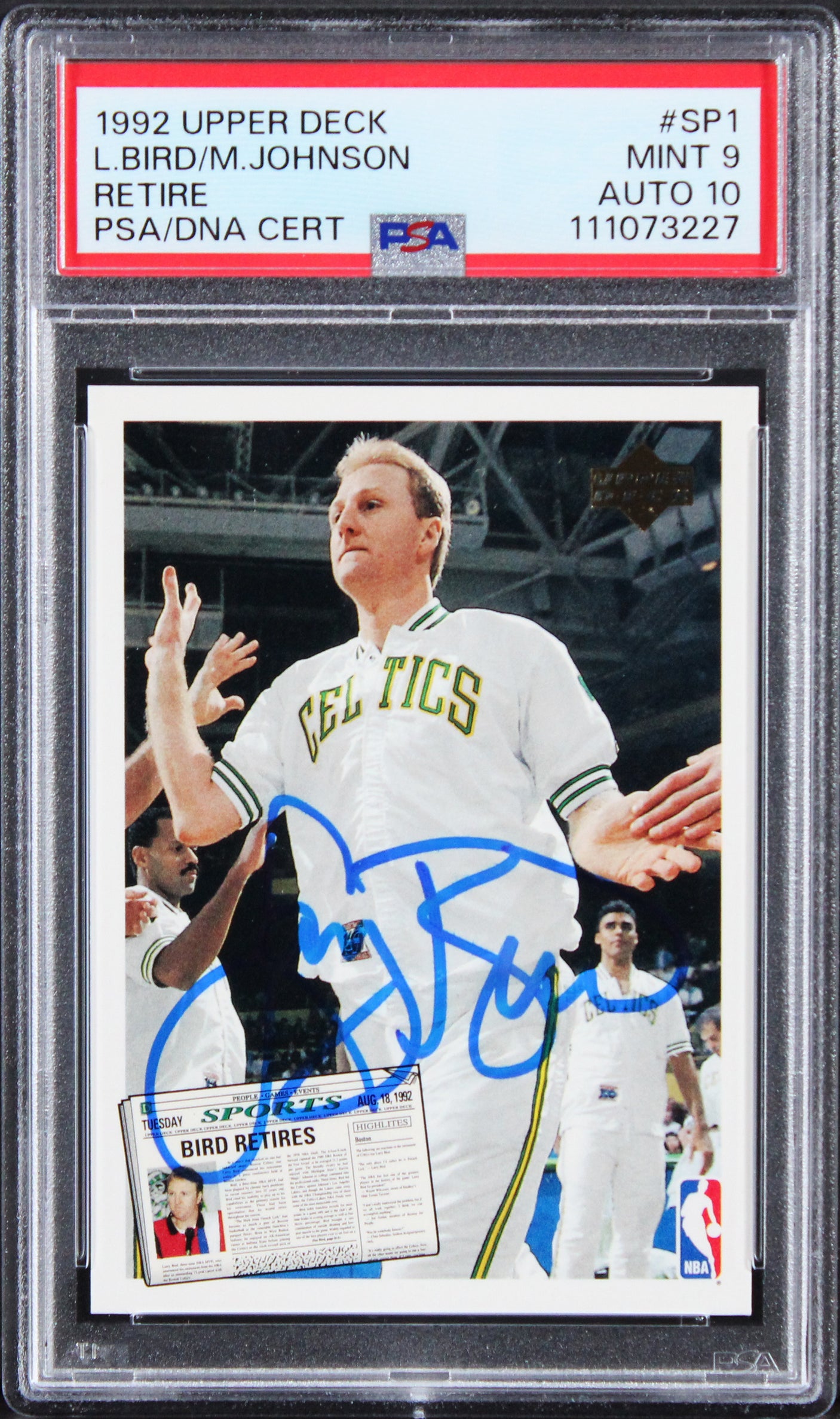 Larry Bird & Magic Johnson Signed 1992 UD #SP1 Card Mint 9! Auto 10! PSA Slabbed