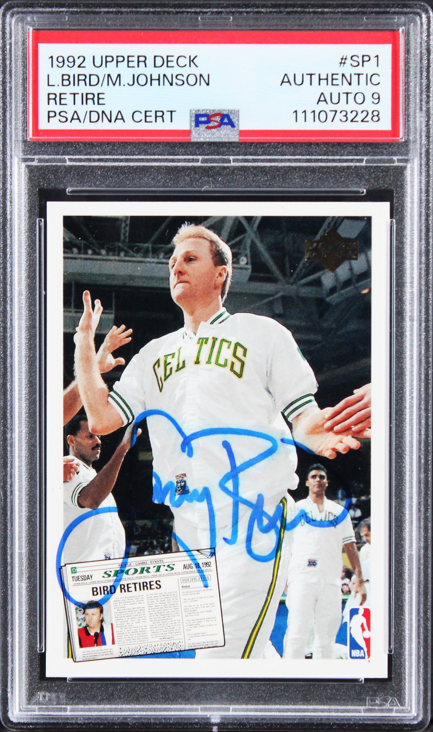 Larry Bird & Magic Johnson Signed 1992 Upper Deck #SP1 Card Auto 9! PSA/DNA Slab