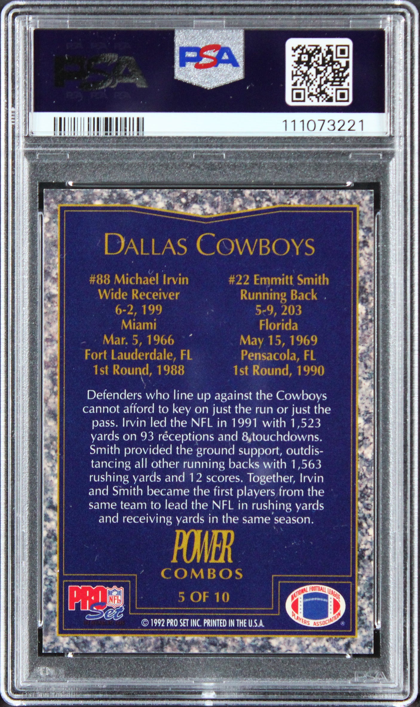 Emmitt Smith & Michael Irvin Signed 1992 Pro Set #5 PC Card 9! Auto 10! PSA Slab