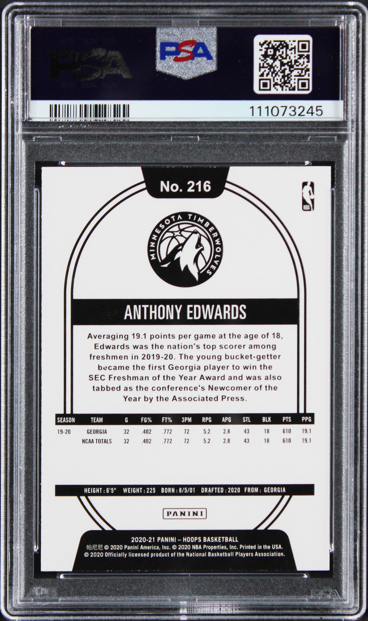 Anthony Edwards Signed 2020 Panini Hoops #216 RC Card 9! Auto 10! PSA/DNA Slab