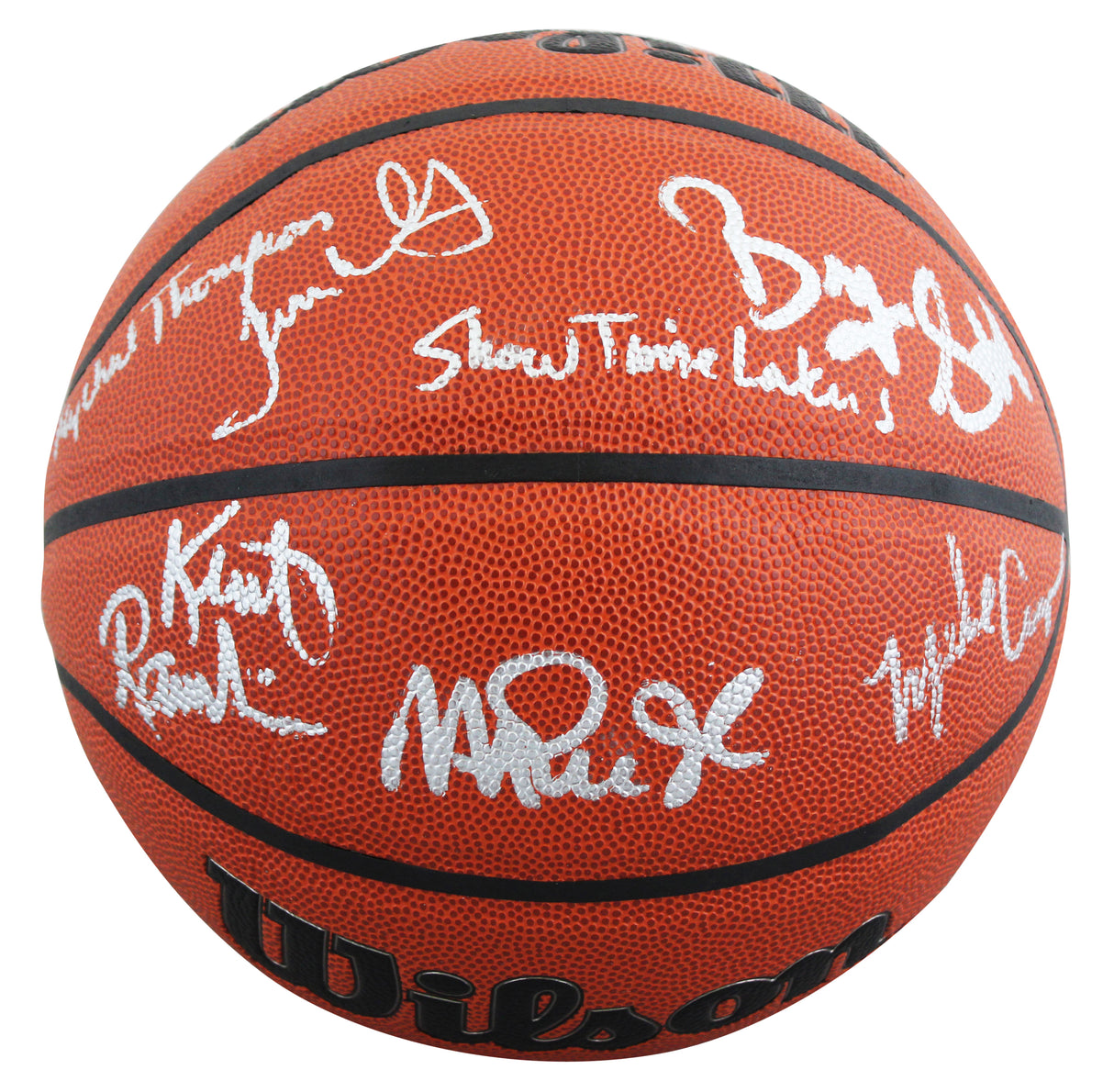 Showtime Lakers (6) Johnson, Thompson, Worthy +3 Signed Basketball W/ Case BAS W