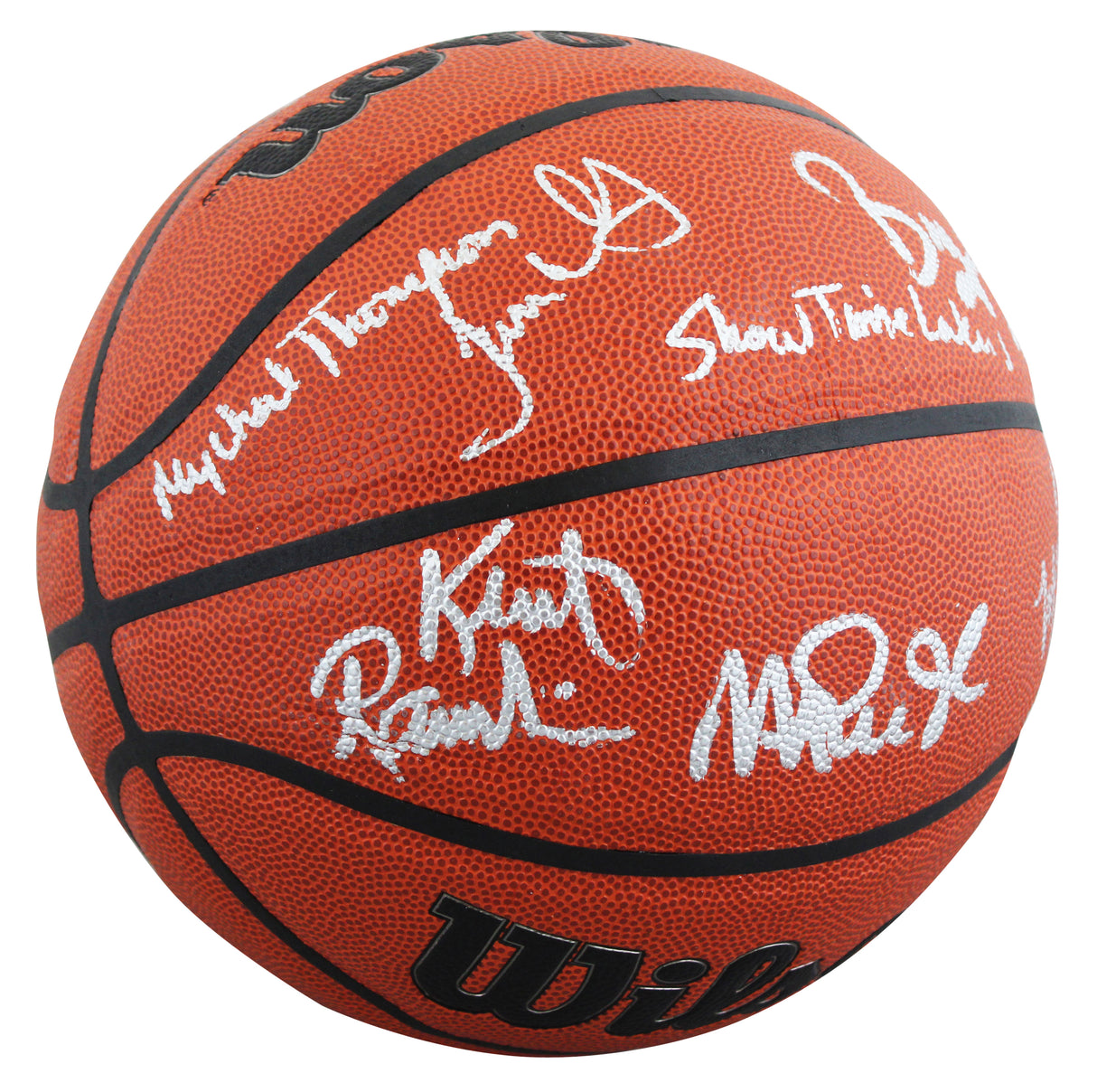 Showtime Lakers (6) Johnson, Thompson, Worthy, Scott +2 Signed Basketball BAS W