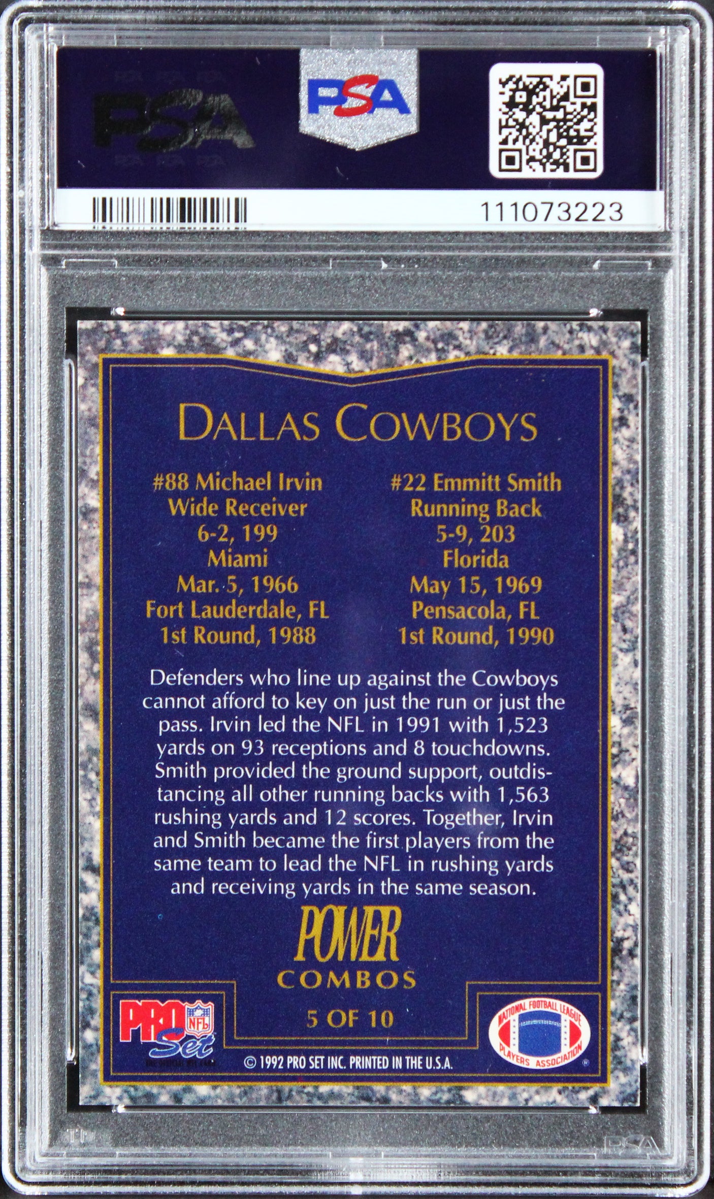Emmitt Smith & Michael Irvin Signed 1992 Pro Set Power #5 Card Auto 10! PSA Slab