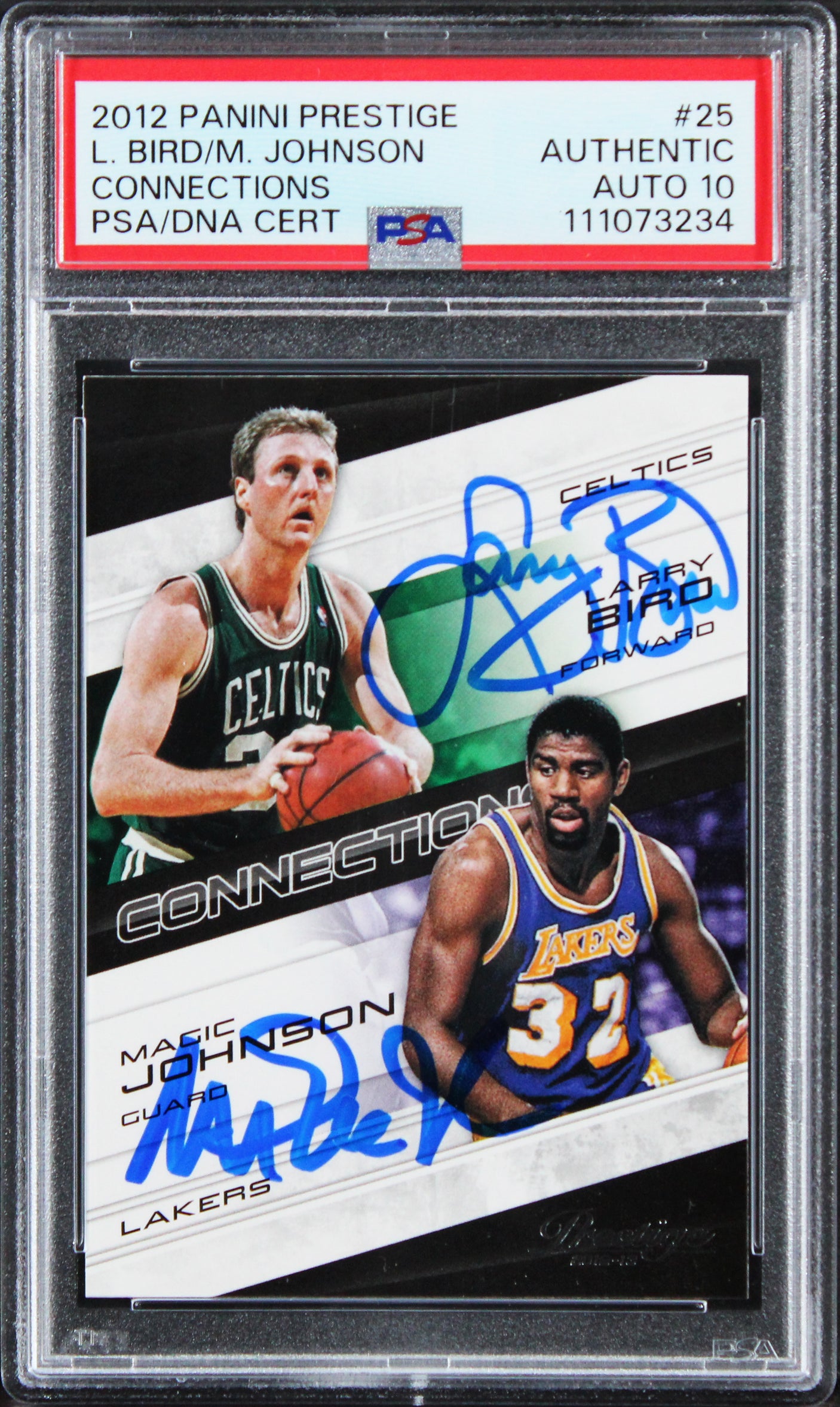 Larry Bird & Magic Johnson Signed 2012 Panini Prestige #25 Card Auto 10 PSA Slab