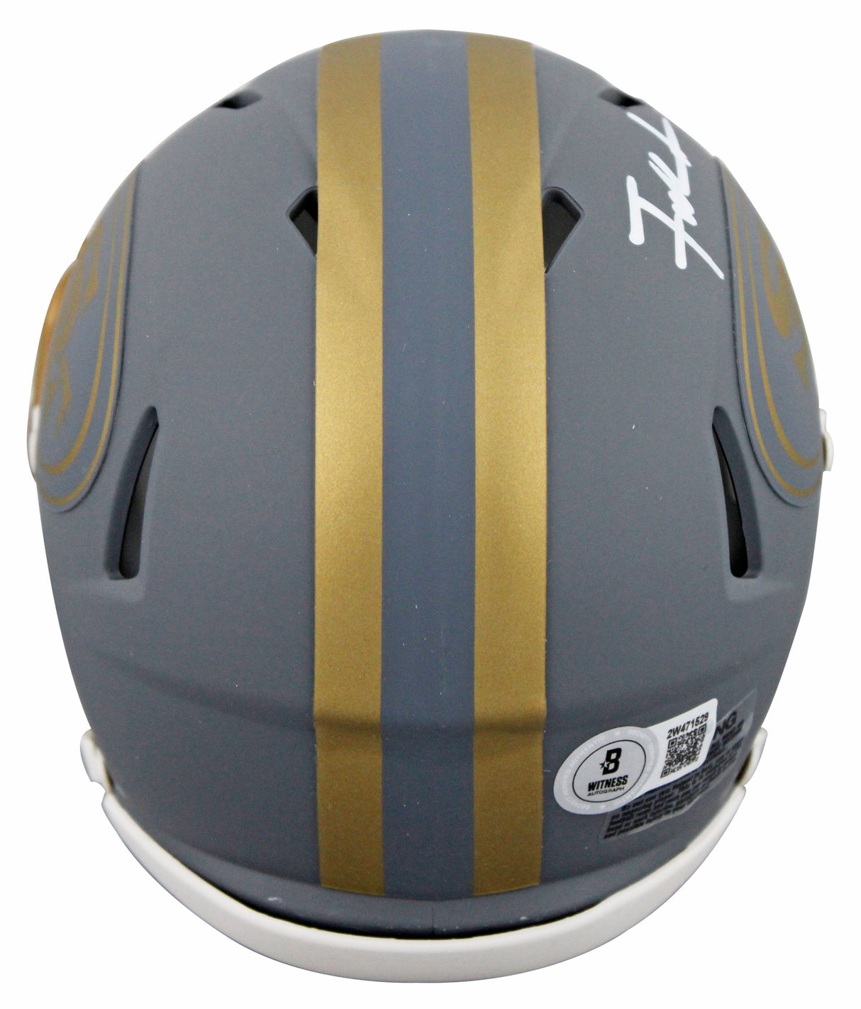 49ers Frank Gore Signed Slate Speed Mini Helmet W/ Case w/ White Sig BAS Witness