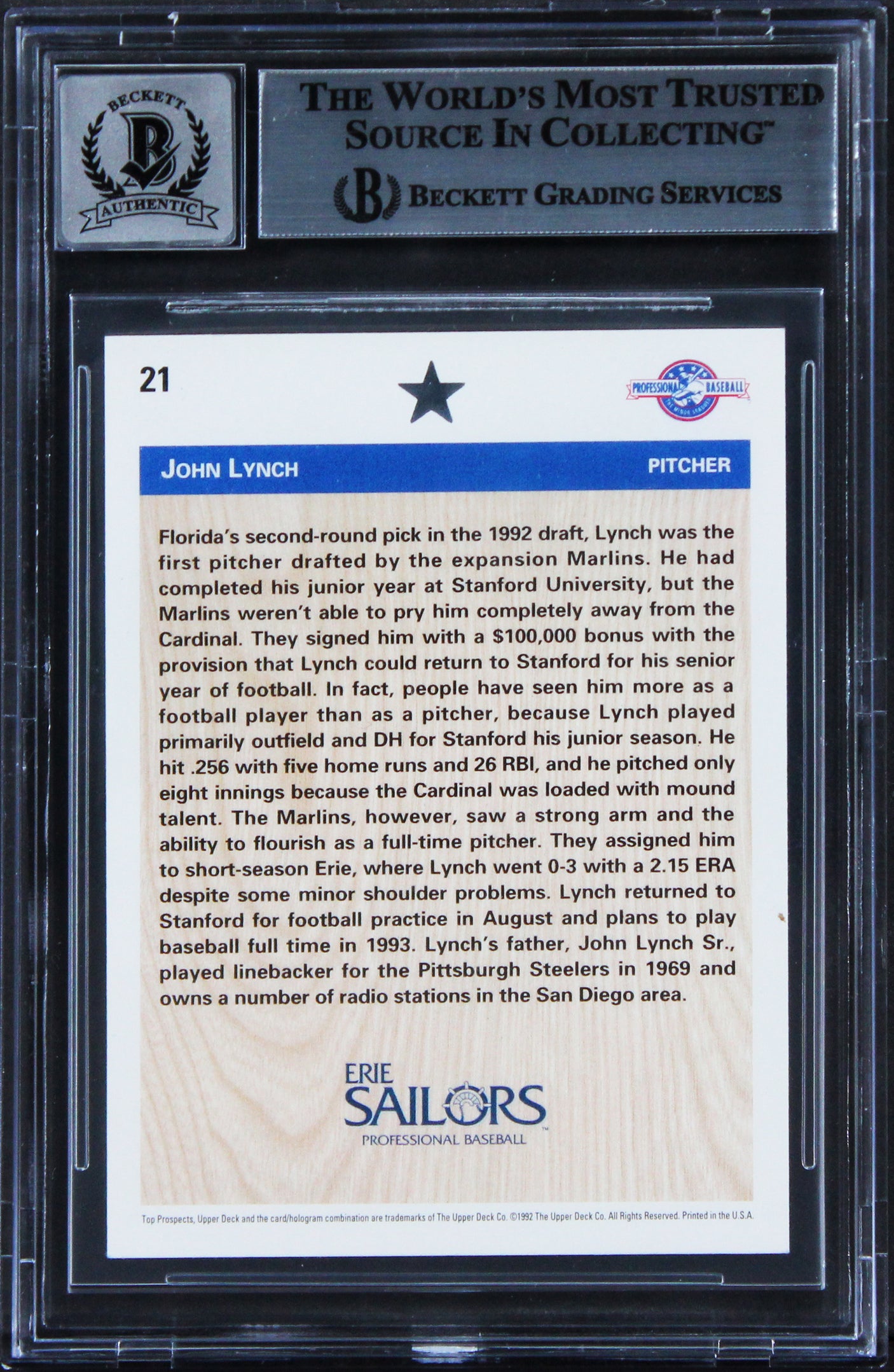 Marlins John Lynch Authentic Signed 1992 Upper Deck Minors #21 Card BAS Slabbed