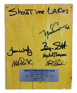 Showtime Lakers (5) Johnson, Worthy, Scott +3 Signed 8x10 Forum Floorboard BAS W