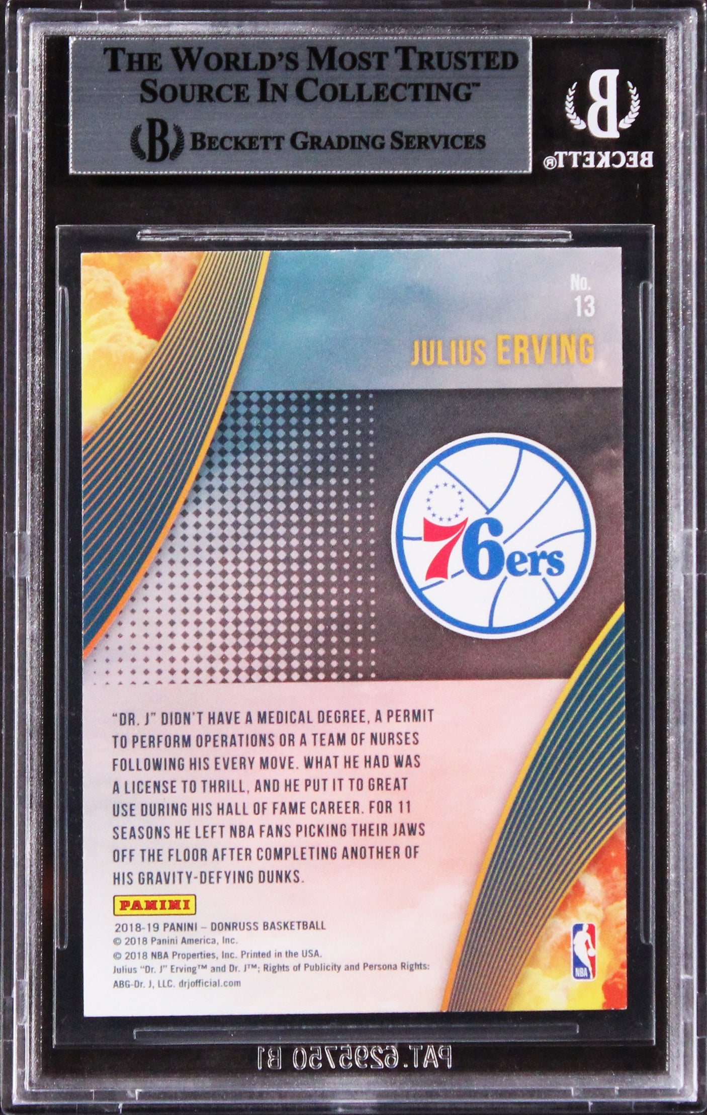 76ers Julius Erving Signed 2018 Donruss All Clear For Takeoff #13 Card BAS Slab