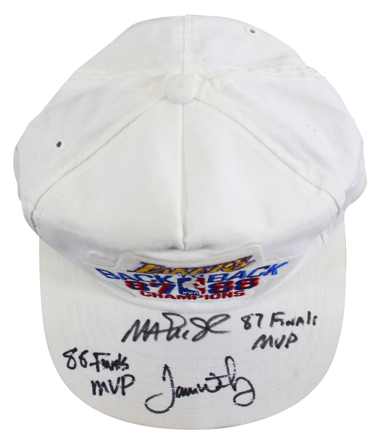Magic Johnson & James Worthy "Finals MVP" Signed 1987-88 NBA Champions Hat BAS 2