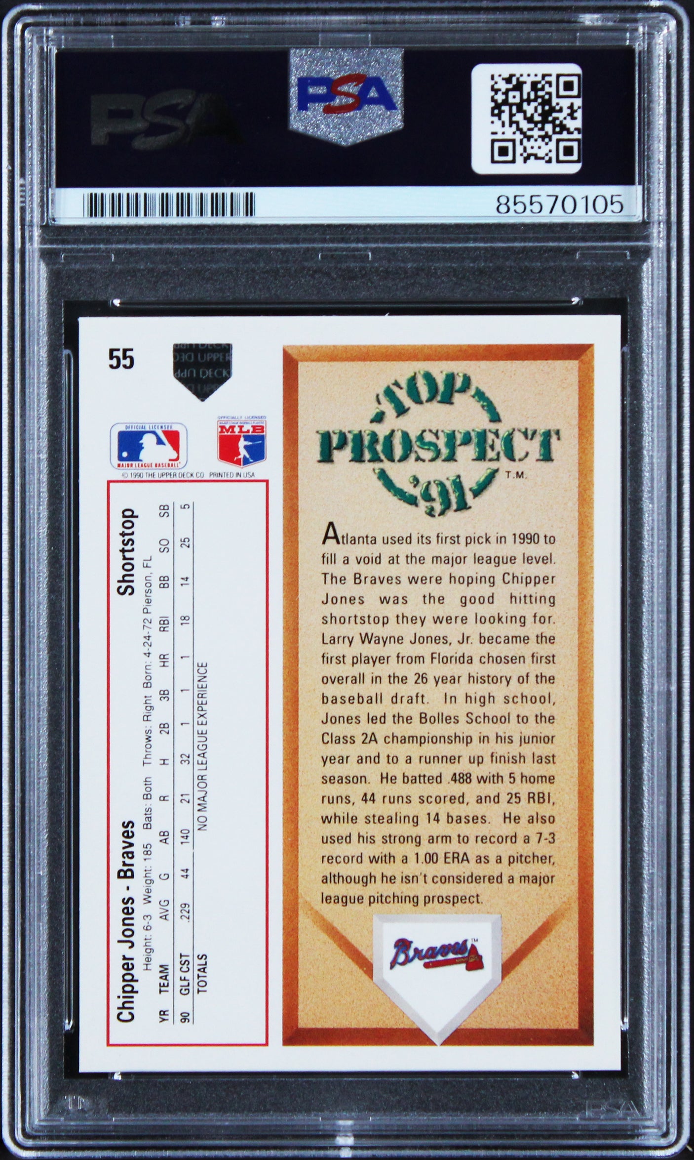 Braves Chipper Jones Signed 1991 Upper Deck #55 RC Card Auto 10! PSA/DNA Slabbed