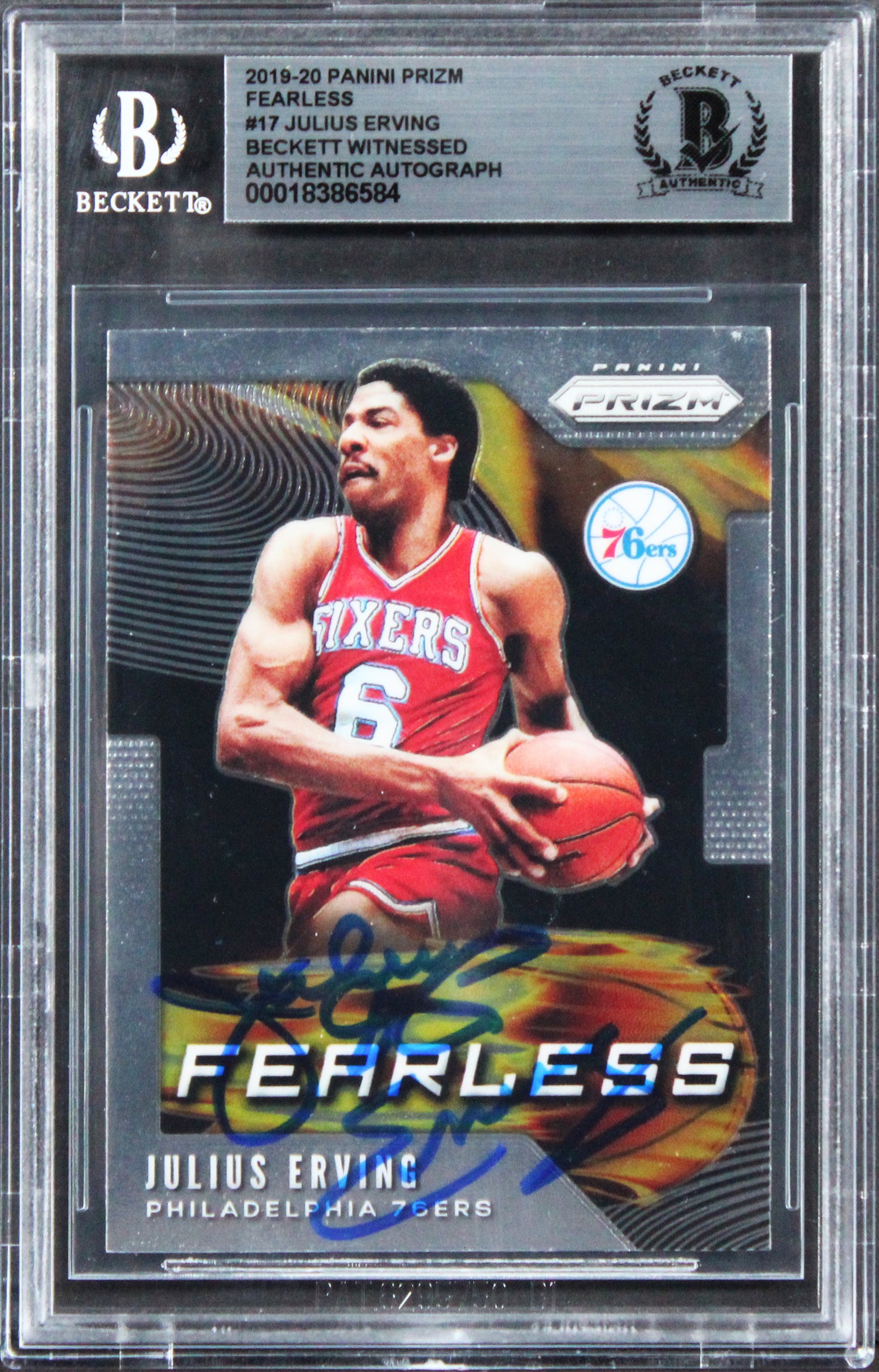 76ers Julius "Dr. J" Erving Signed 2019 Panini Prizm Fearless #17 Card BAS Slab