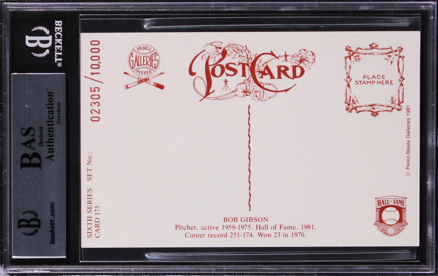 Cardinals Bob Gibson Signed 3.5x5.5 1980 Perez-Steele HOF Postcard #175 BAS Slab