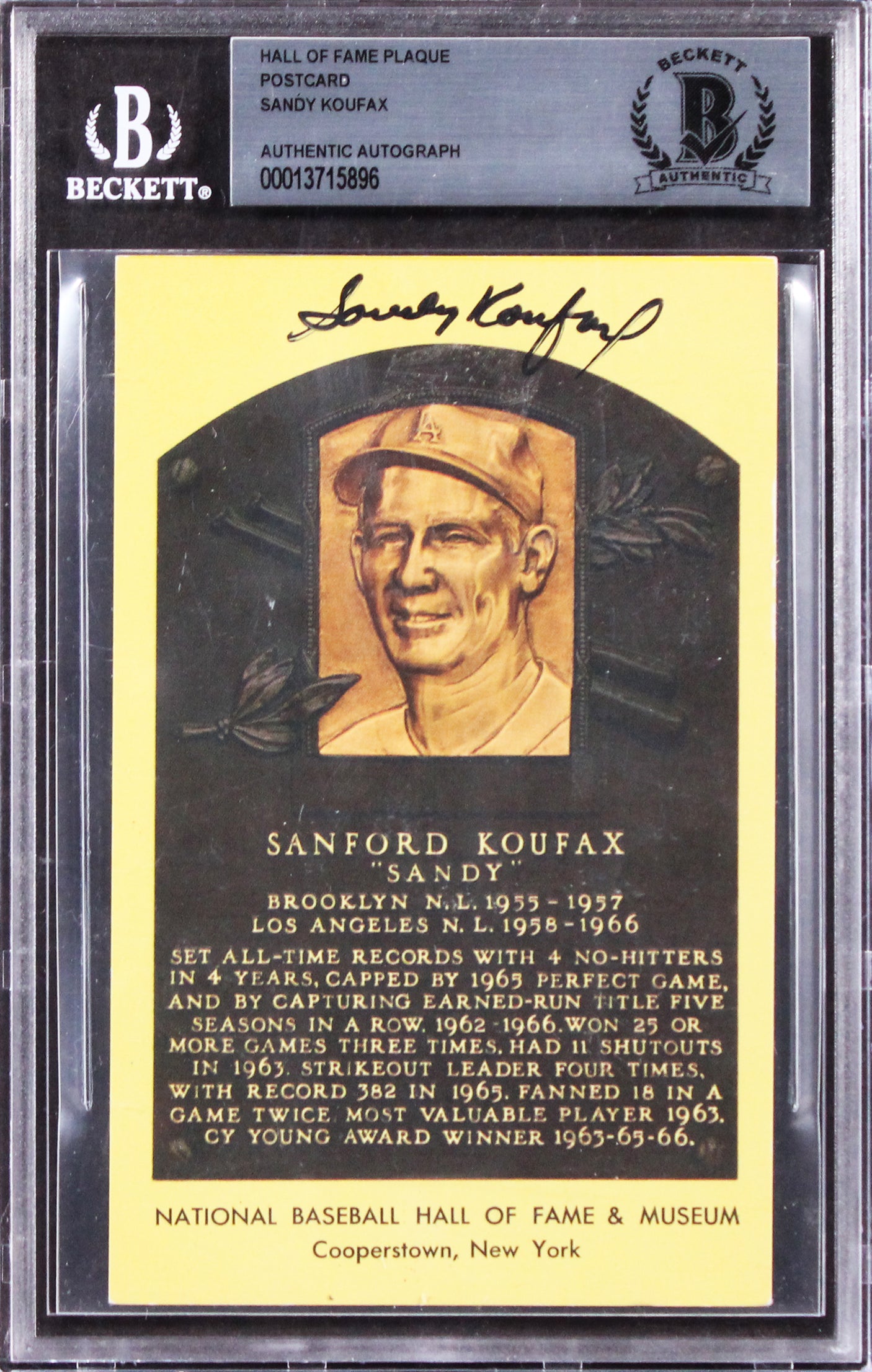 Dodgers Sandy Koufax Authentic Signed Hall of Fame Plaque Postcard BAS Slabbed