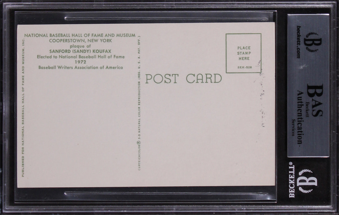 Dodgers Sandy Koufax Authentic Signed Hall of Fame Plaque Postcard BAS Slabbed