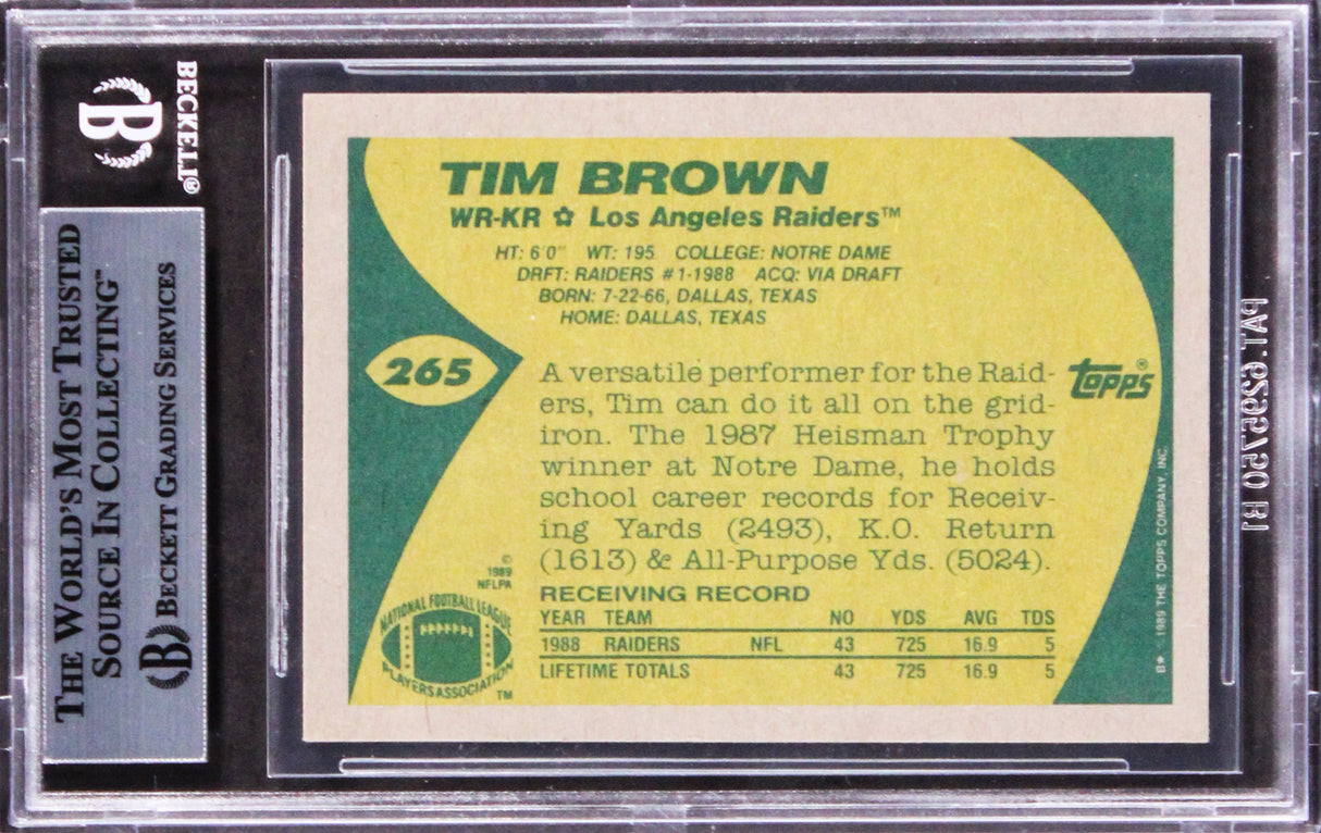 Raiders Tim Brown Authentic Signed 1999 Topps #265 Card BAS Slabbed