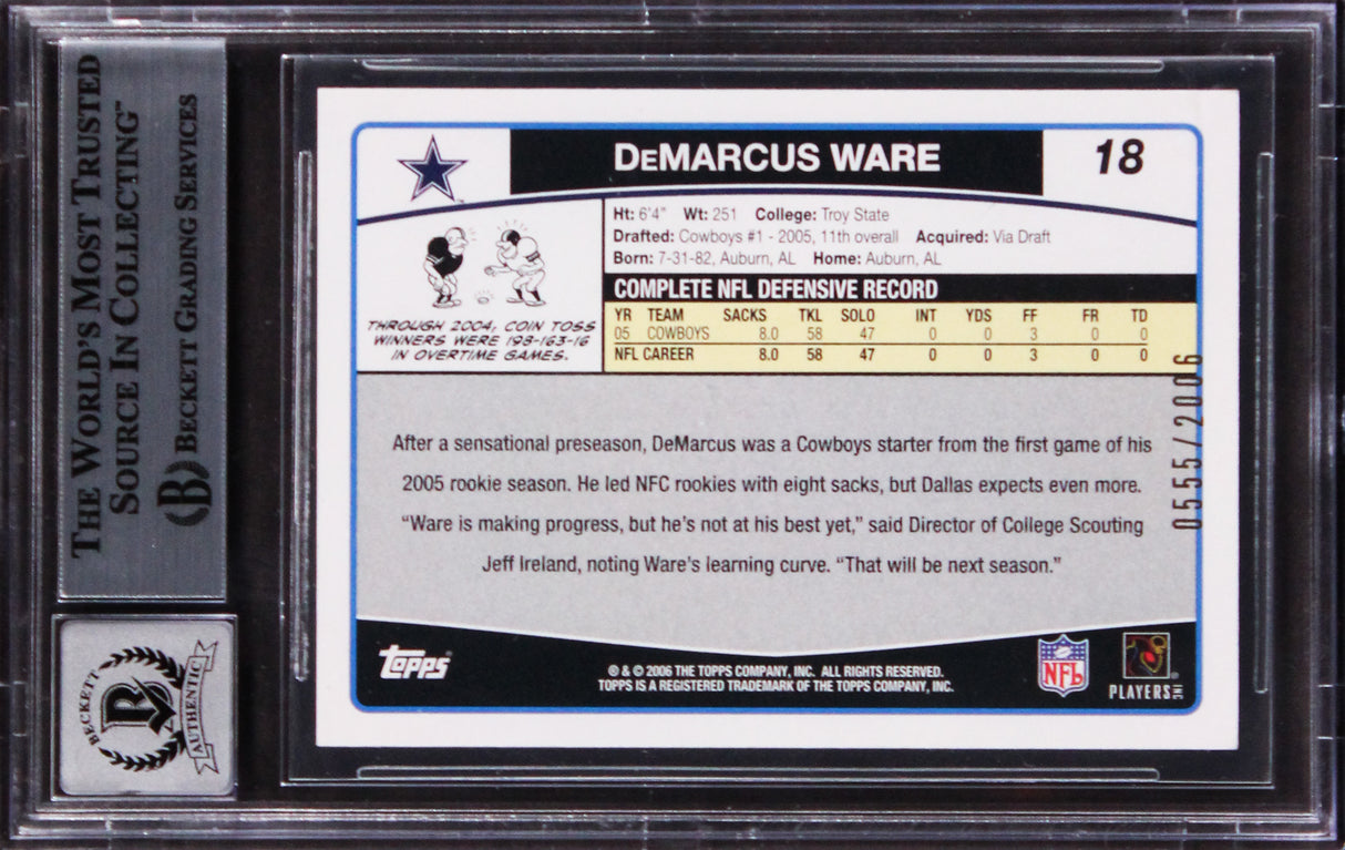 Cowboys Demarcus Ware Signed 2006 Topps Gold #18 Card Auto Gem Mint 10! BAS Slab