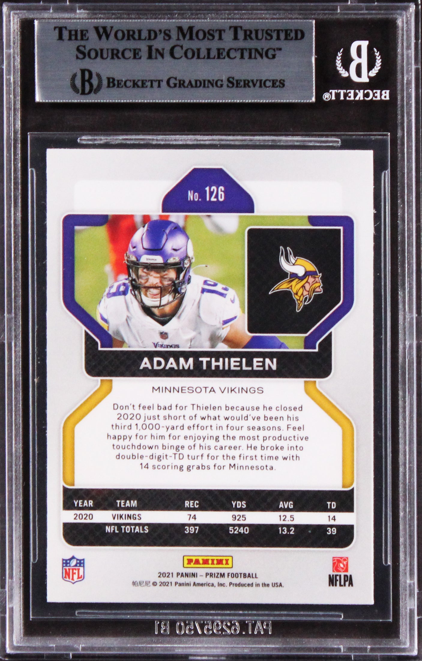 Vikings Adam Thielen Authentic Signed 2021 Panini Prizm #126 Card BAS Slabbed