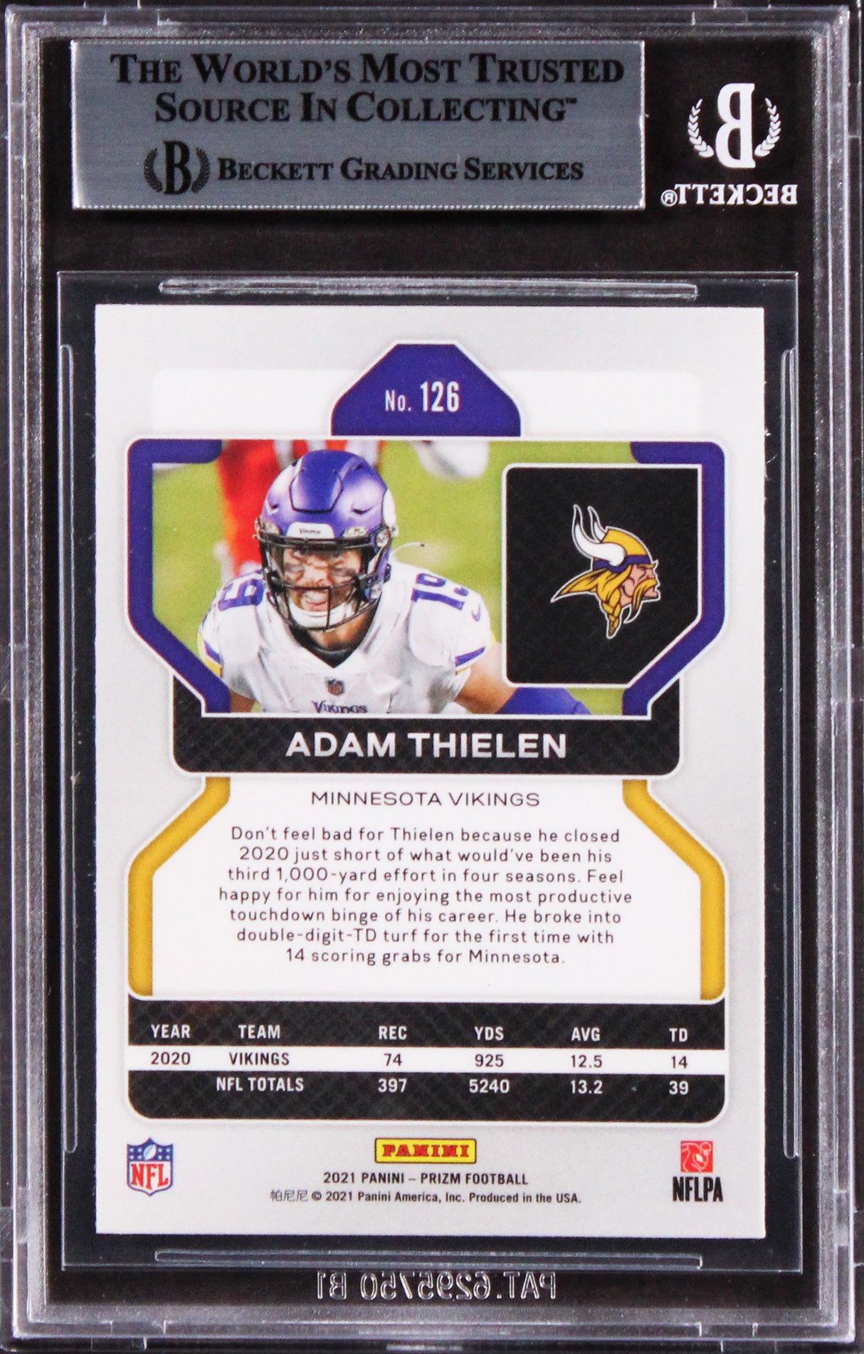 Vikings Adam Thielen Authentic Signed 2021 Panini Prizm #126 Card BAS Slabbed