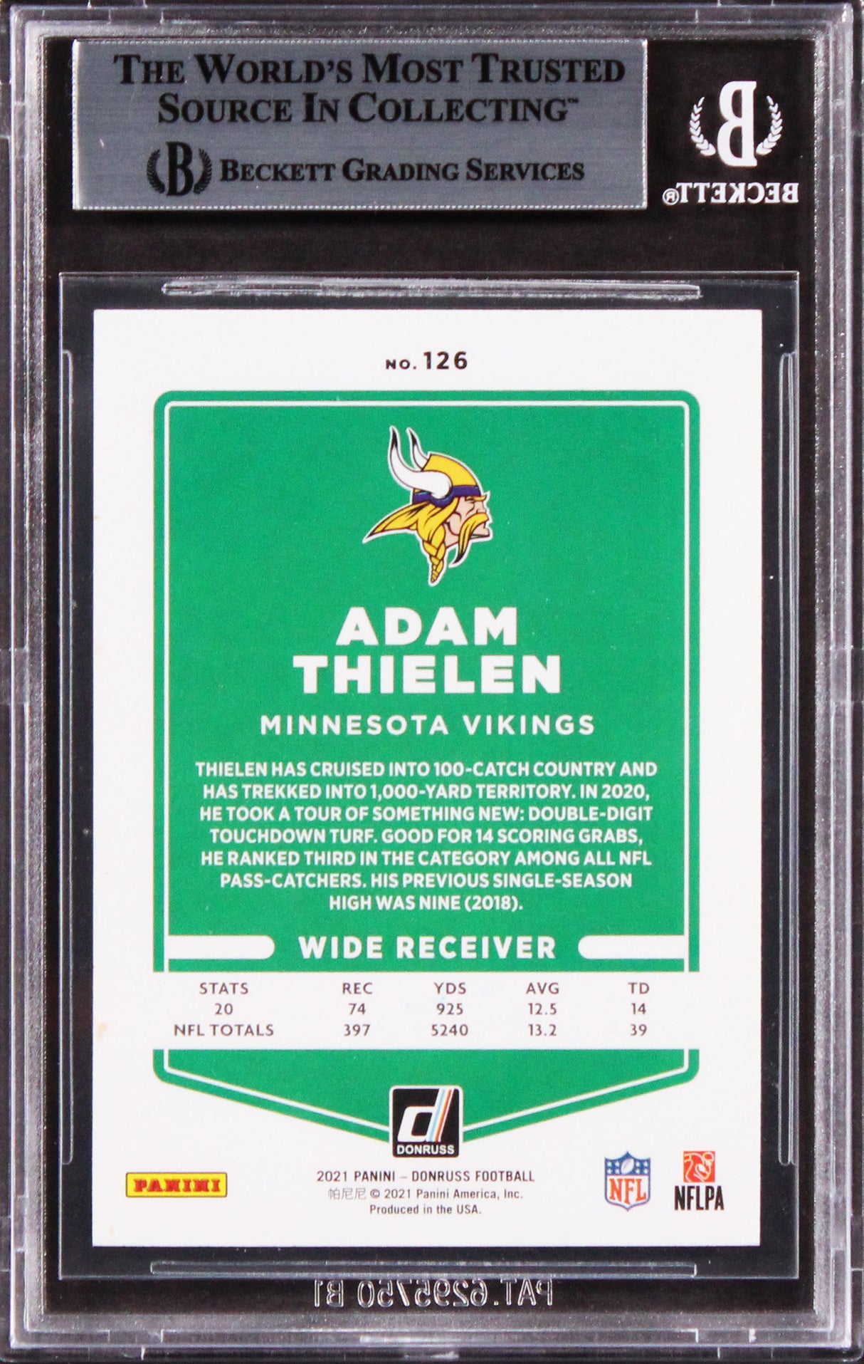 Vikings Adam Thielen Authentic Signed 2021 Donruss #126A Card BAS Slabbed