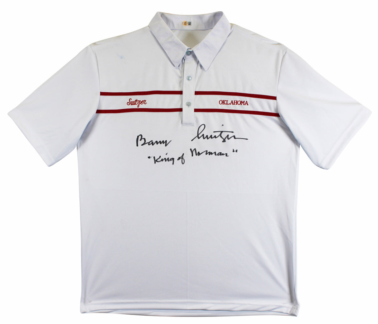 Oklahoma Barry Switzer "King of Norman" Signed White Polo Shirt BAS Witnessed