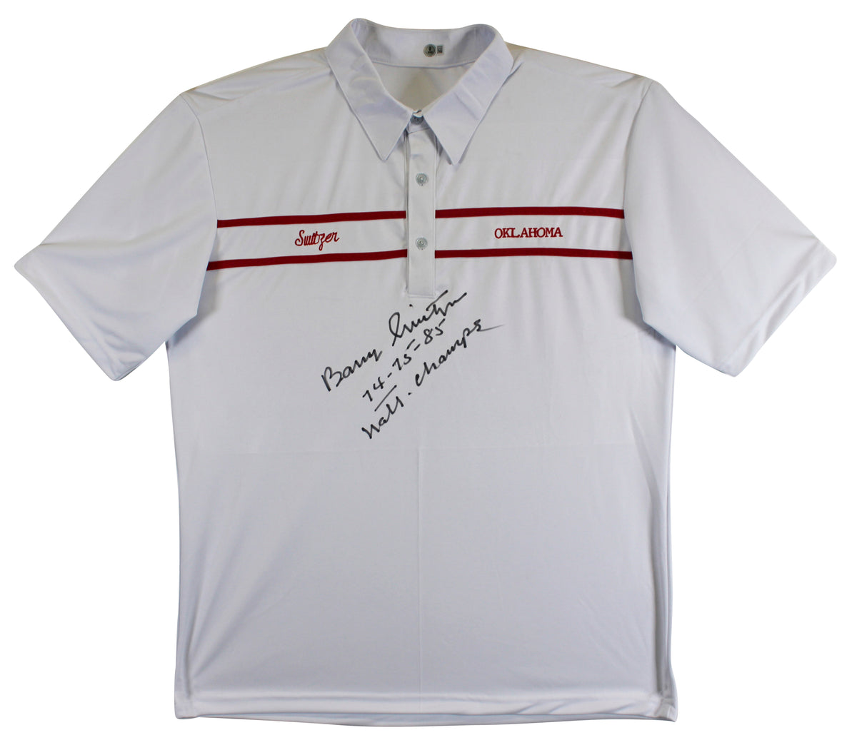 Oklahoma Barry Switzer "74-75-88 Natl Champs" Signed White Polo Shirt BAS Wit