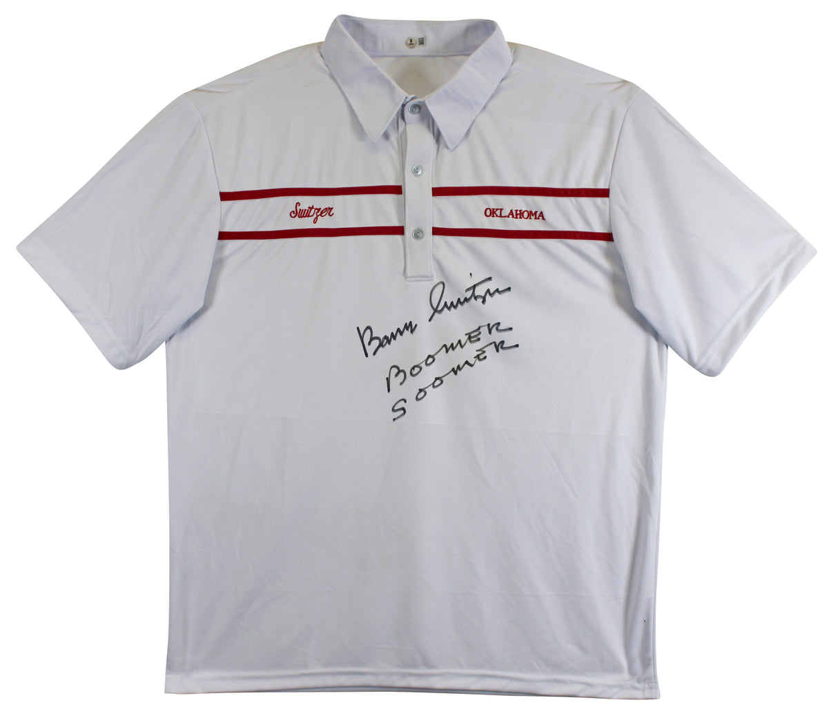 Oklahoma Barry Switzer "Boomer Sooner" Signed White Polo Shirt BAS Witnessed