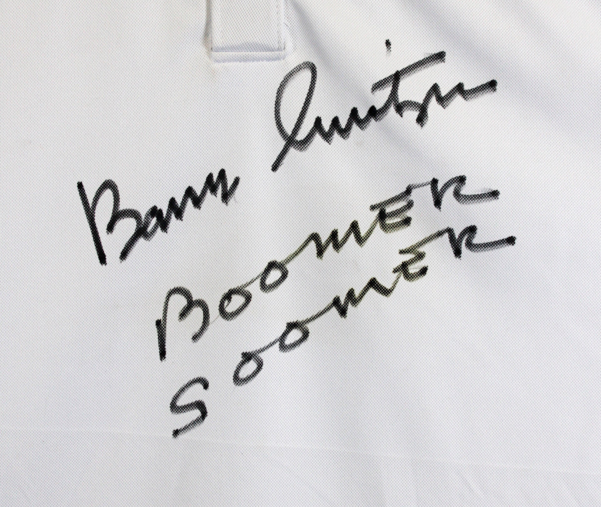 Oklahoma Barry Switzer "Boomer Sooner" Signed White Polo Shirt BAS Witnessed