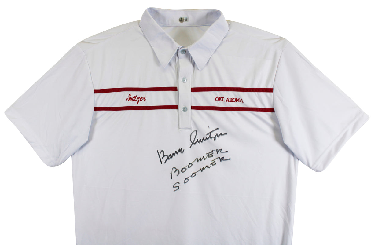 Oklahoma Barry Switzer "Boomer Sooner" Signed White Polo Shirt BAS Witnessed