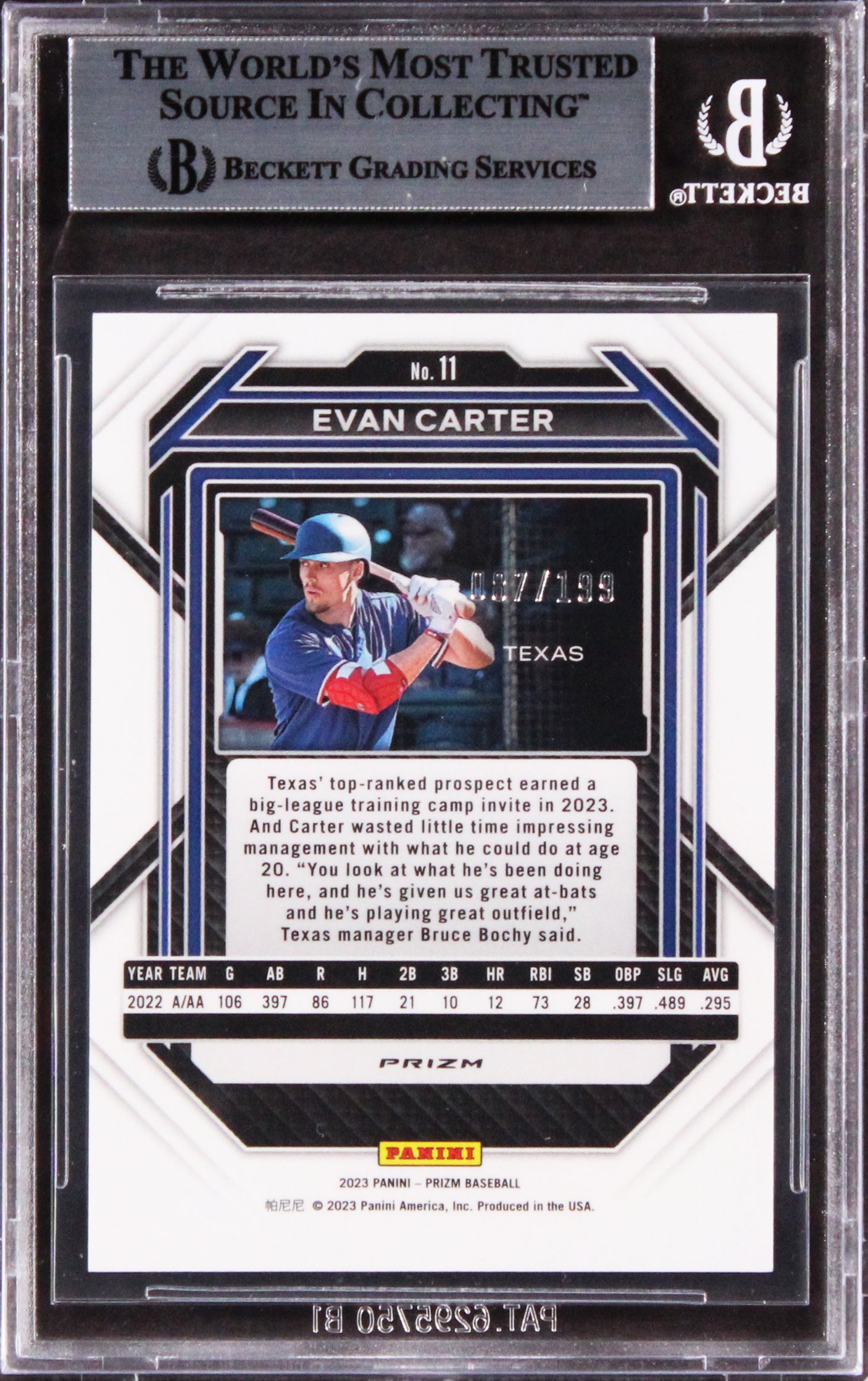 Rangers Evan Carter Signed 2023 Panini Prizm Prizms Red #11 Rookie Card BAS Slab