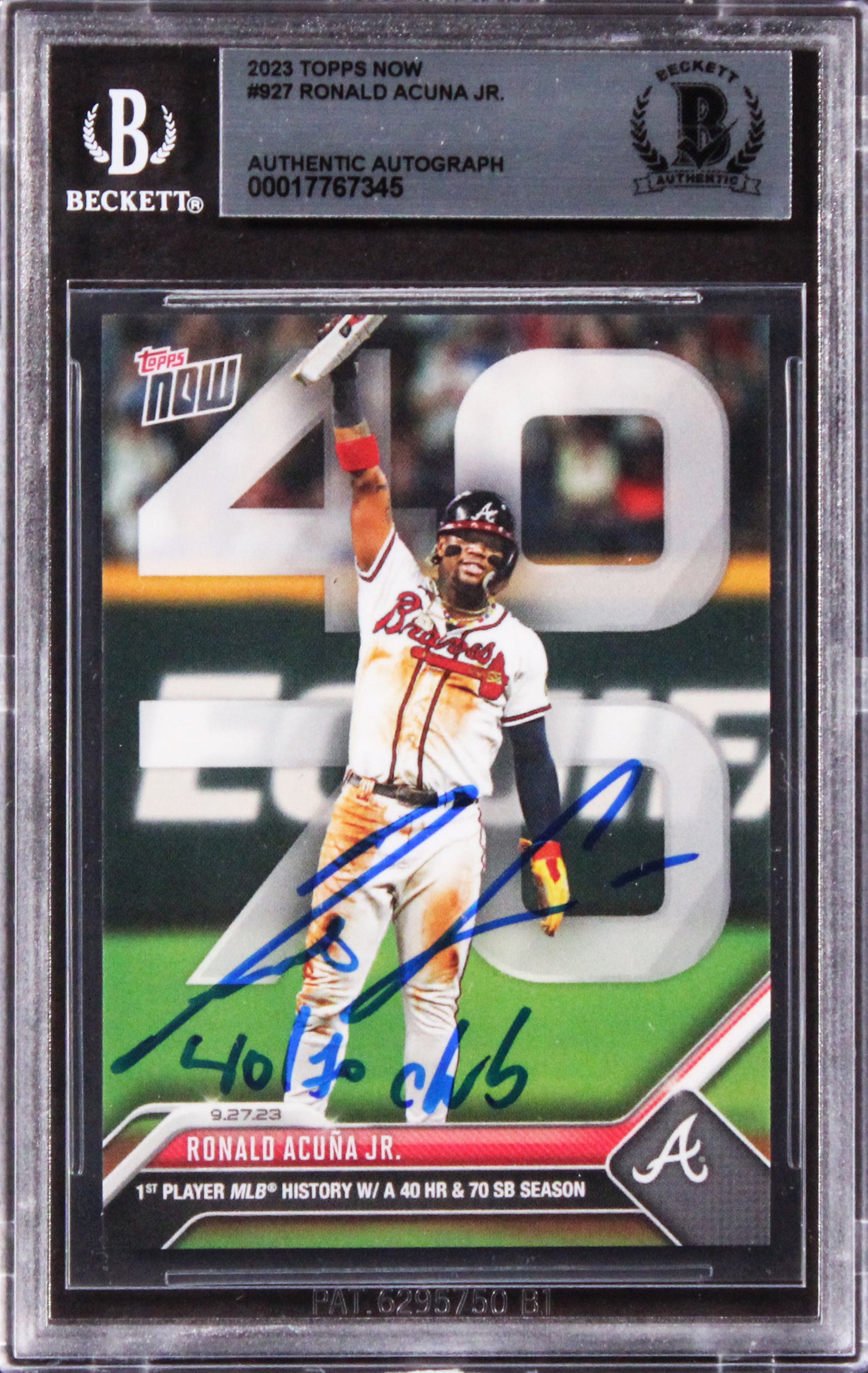 Braves Ronald Acuna Jr. "40/70 Club" Signed 2023 Topps Now #927 Card BAS Slabbed