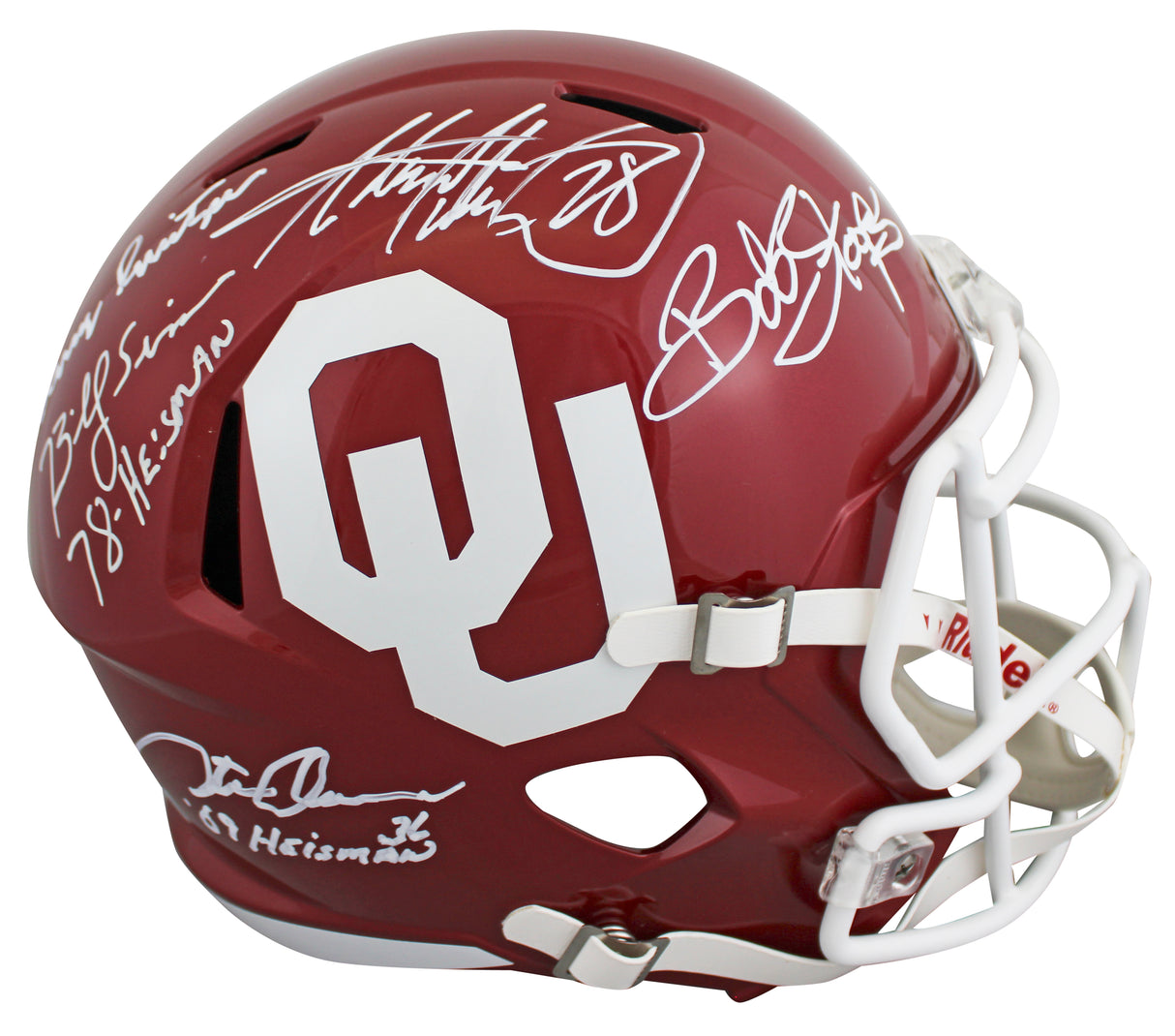OU Legends (5) Peterson, Stoops +3 Signed F/S Speed Rep Helmet w/ Case BAS Wit
