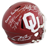 OU Legends (5) Peterson, Stoops, Switzer +2 Signed F/S Speed Rep Helmet BAS Wit