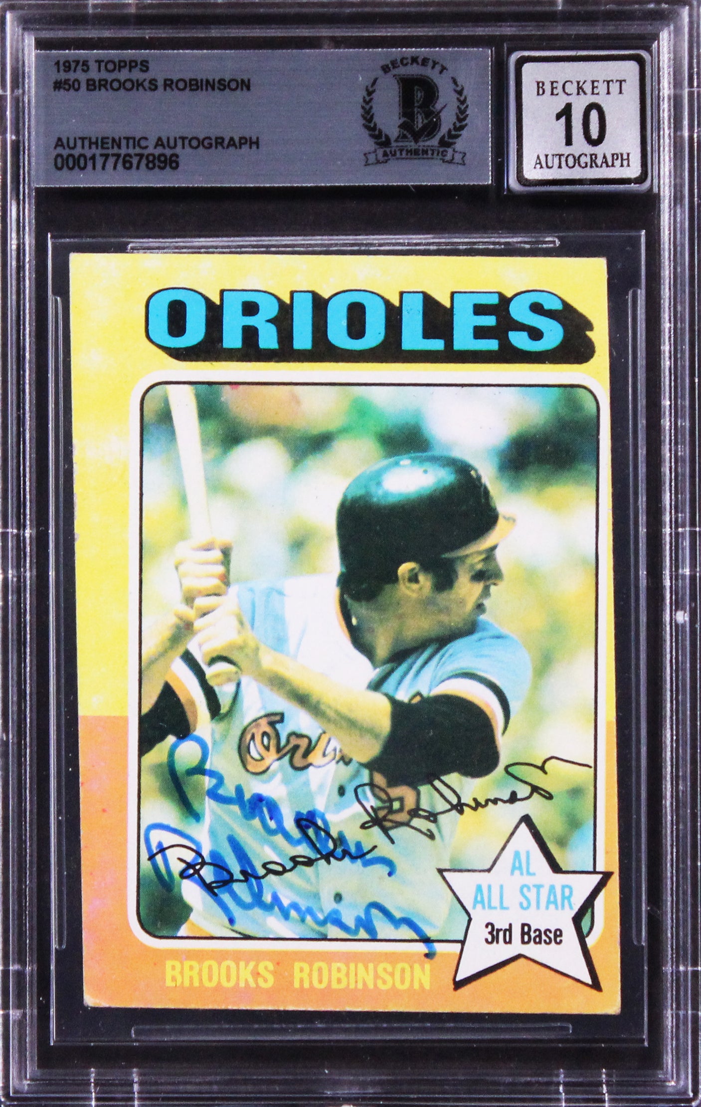 Orioles Brooks Robinson Signed 1975 Topps #50 Card Auto Gem 10! BAS Slabbed