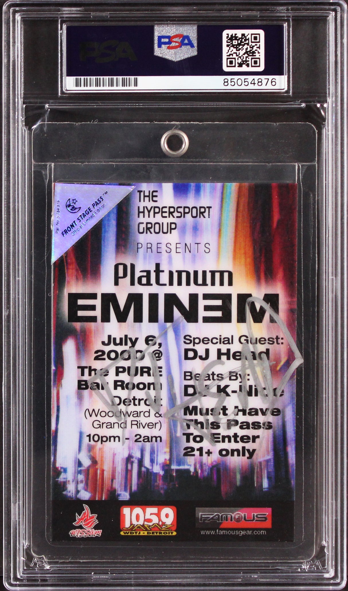 Eminem Authentic Signed July 6, 2000 Detroit Front Stage Pass PSA/DNA Slabbed