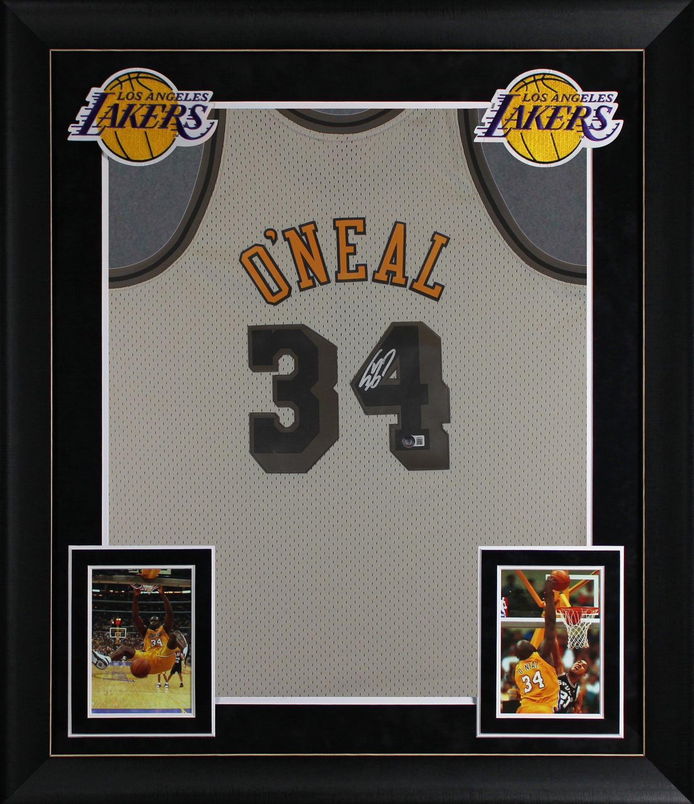 Lakers Shaquille O'Neal Signed Light Grey M&N HWC Swingman Framed Jersey BAS Wit