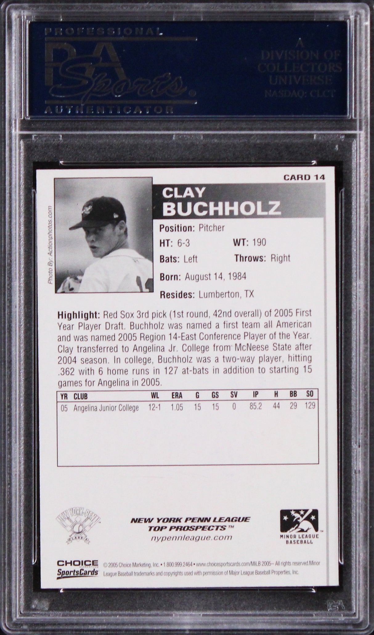 Red Sox Clay Buchholz Signed 2005 Choice Lowell Spinners #14 RC Card PSA Slab