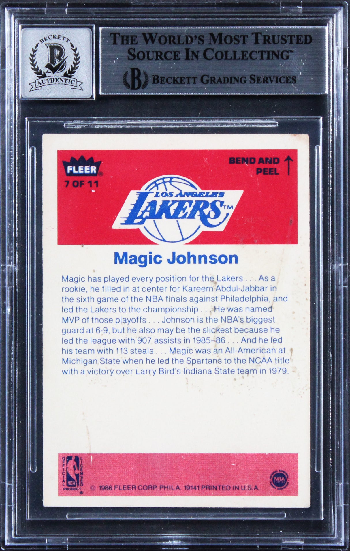 Lakers Magic Johnson Signed 1986 Fleer Stickers #7 Card Auto GM 10! BAS Slabbed