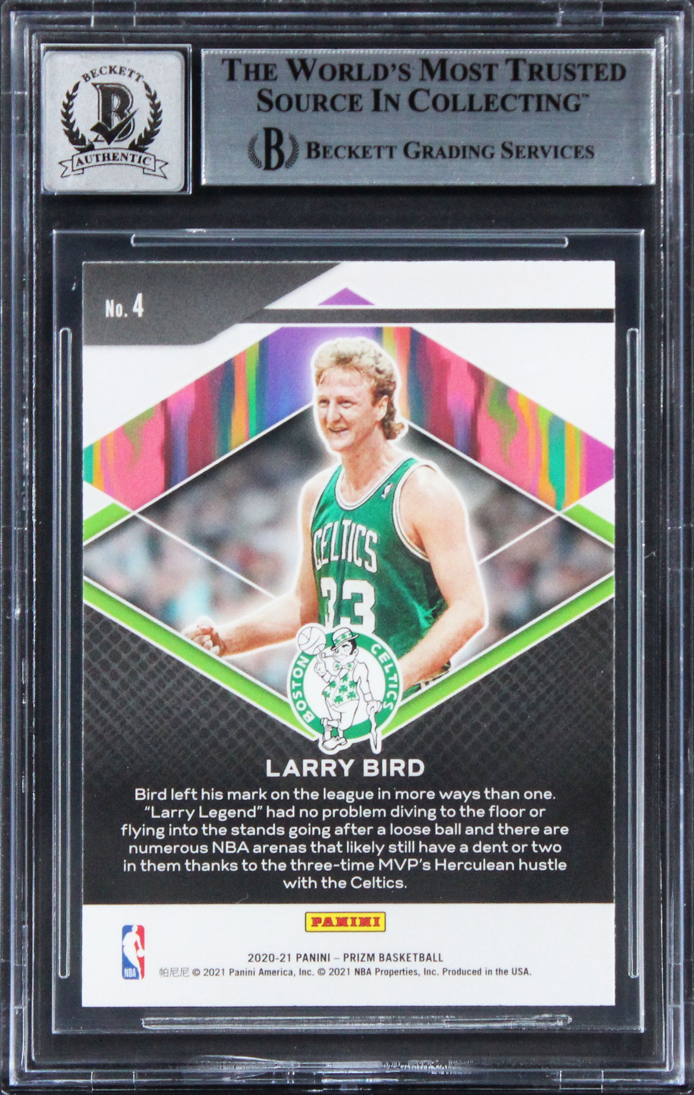 Celtics Larry Bird Signed 2020 Panini Prizm Fearless #4 Card Auto 10! BAS Slab