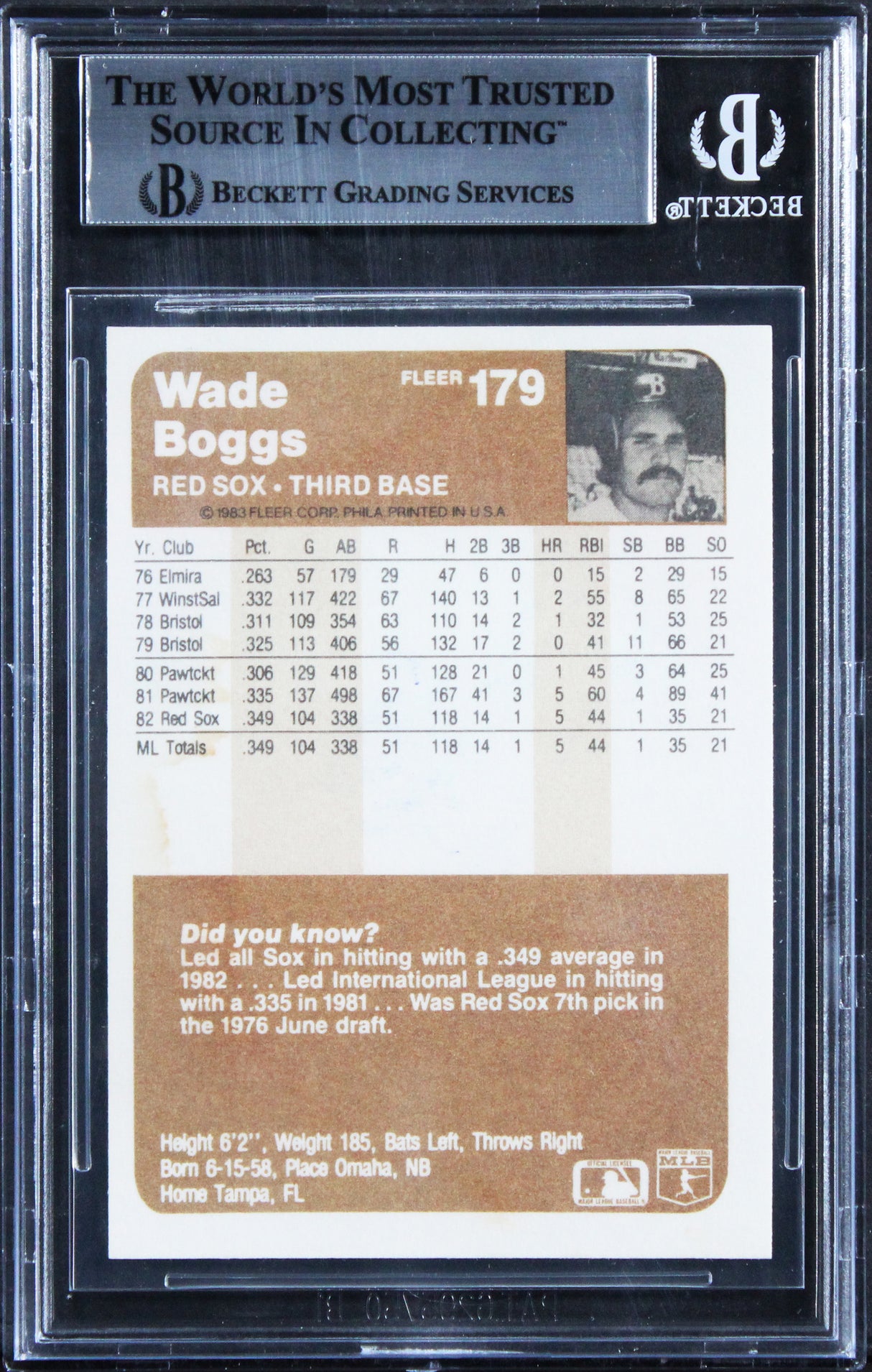 Red Sox Wade Boggs Authentic Signed 1983 Fleer #179 Card Autographed BAS Slabbed