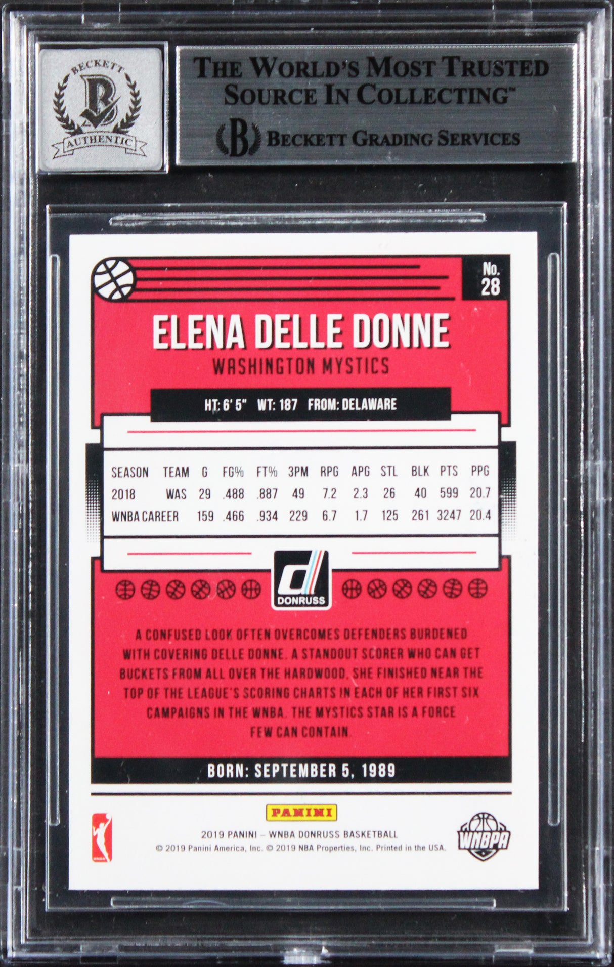 Mystics Elena Delle Donne Signed 2019 Donruss WNBA #28 Card Auto 10! BAS Slabbed