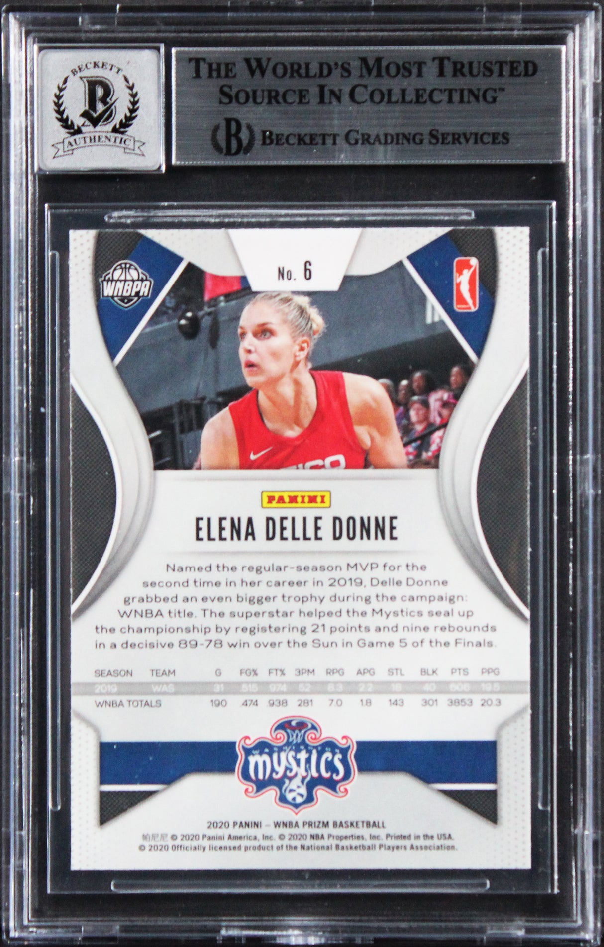 Mystics Elena Delle Donne Signed 2020 Panini Prizm #6 Card Auto 10! BAS Slabbed