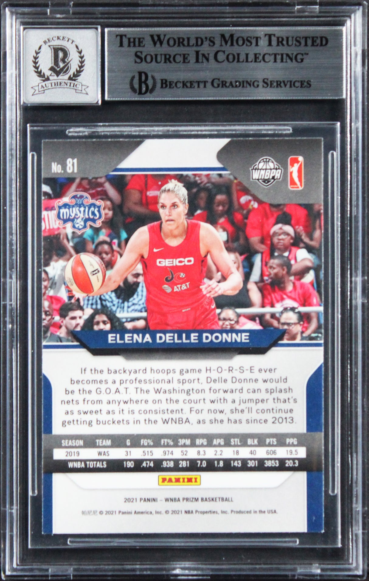 Mystics Elena Delle Donne Signed 2021 Panini Prizm #81 Card Auto 10! BAS Slabbed