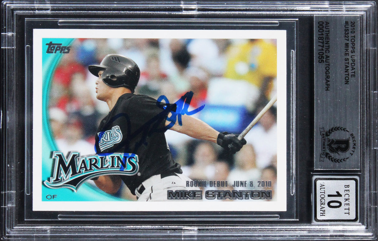 Marlins Mike Stanton Signed 2010 Topps Update #US327 RC Card Auto 10 BAS Slabbed