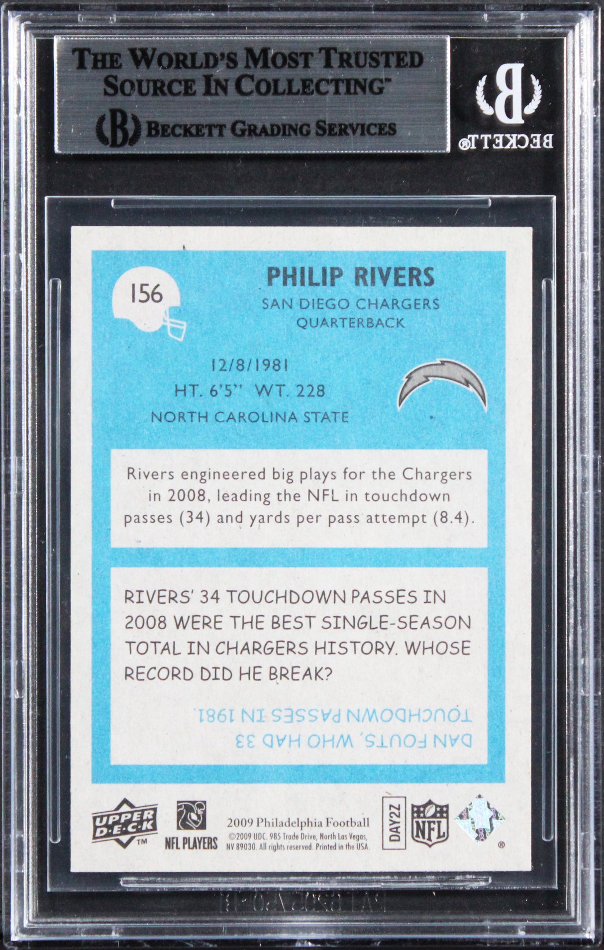 Chargers Philip Rivers Authentic Signed 2009 Philadelphia #156 Card BAS Slabbed