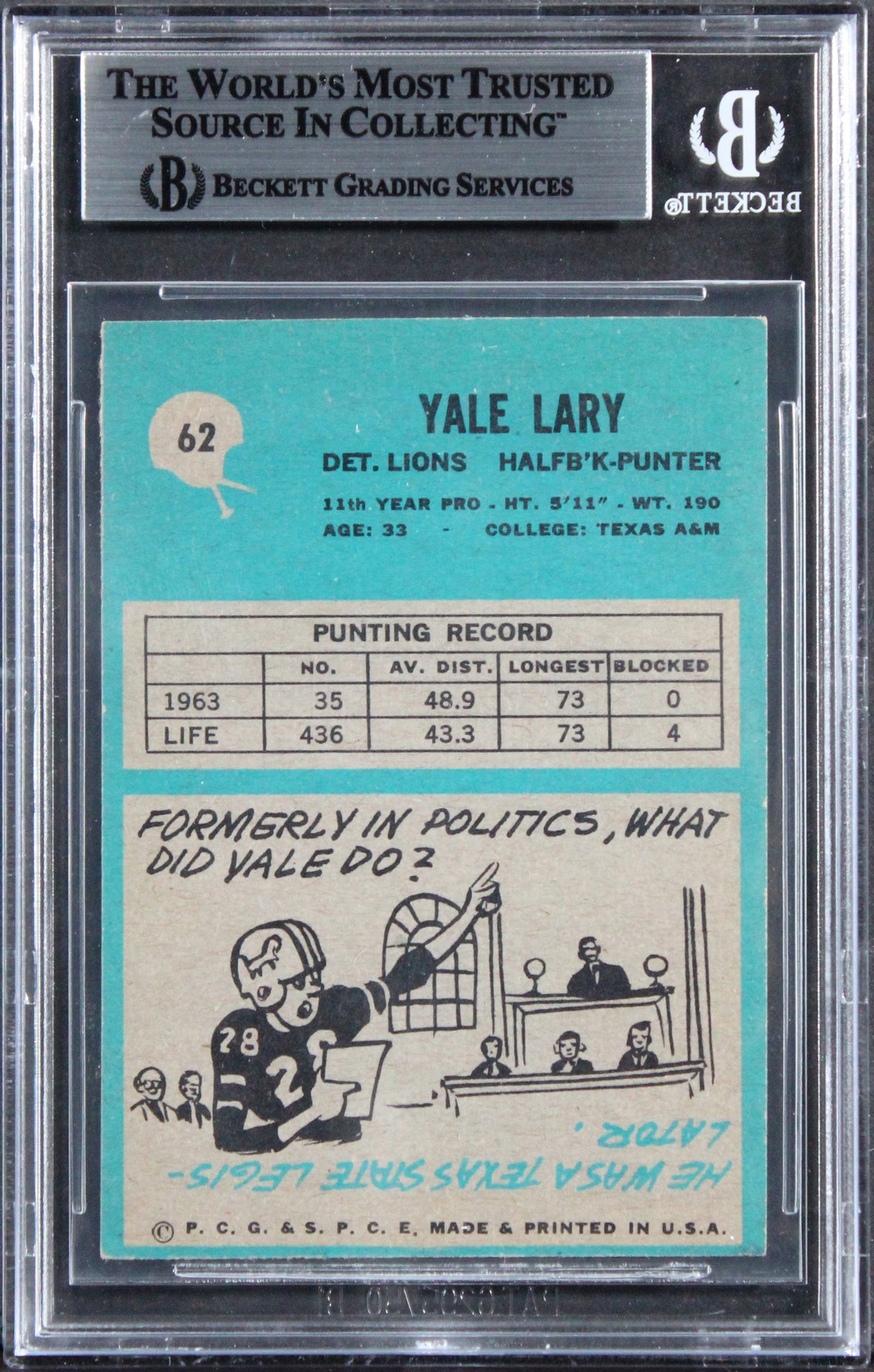 Lions Yale Lary Authentic 1964 Philadelphia #62 Card Autographed BAS Slabbed