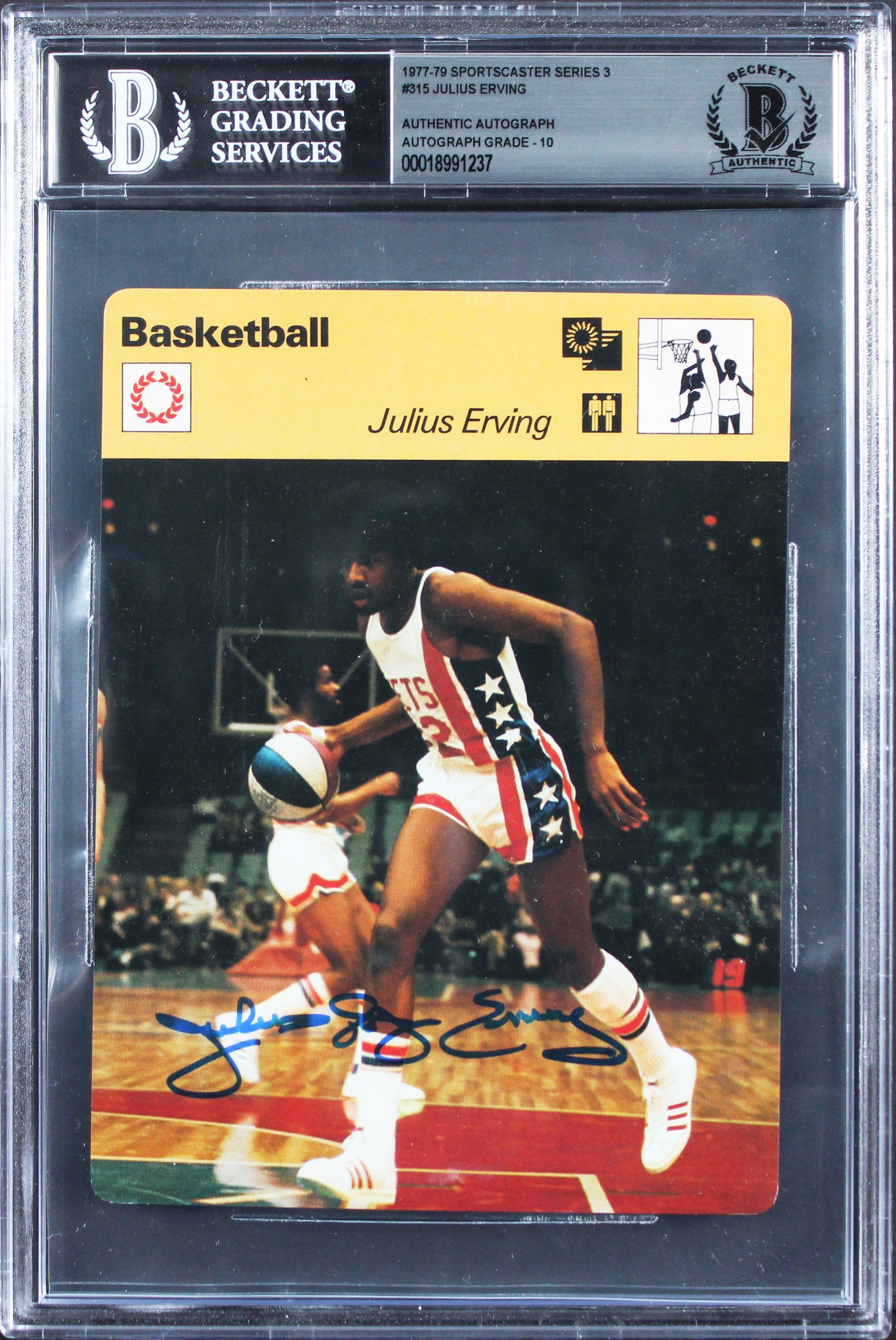 Julius Erving Signed 1977 SS 3 #315 Rookie 4.5x6.25 Card Auto GM 10! BAS Slabbed